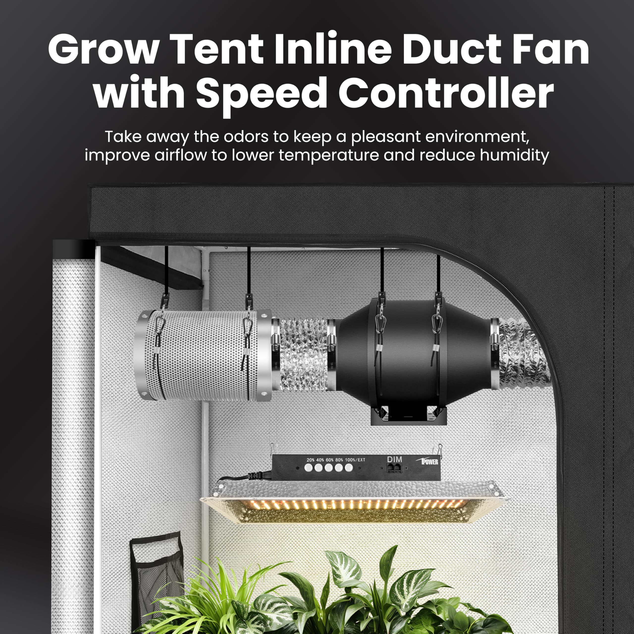 iPower 4 Inch 200 CFM Inline Duct Fan with Speed Controller - Ventilation System for Grow Tents with 4