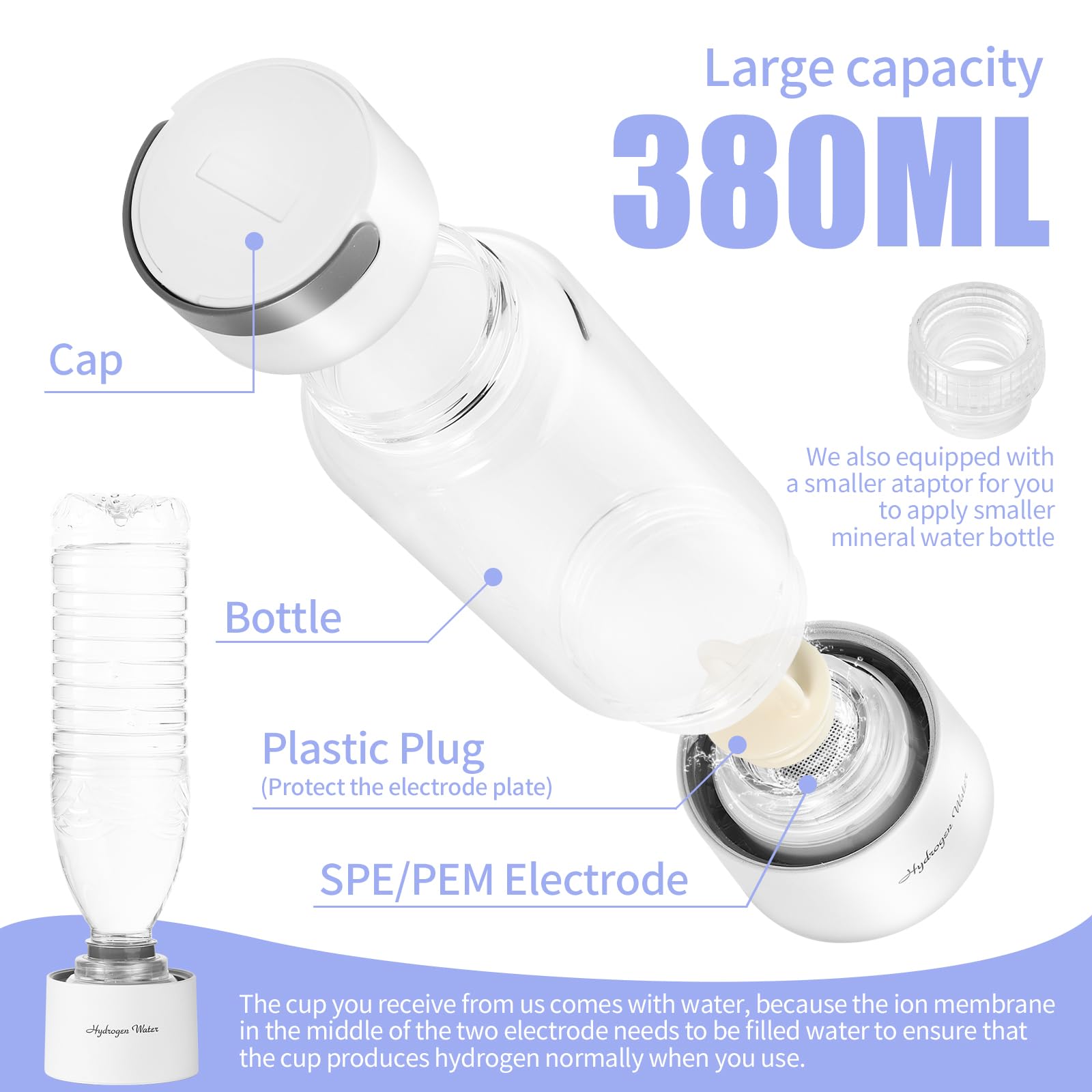 Upgraded Hydrogen Water Bottle Generator - Portable H2 Rich Water Cup with 380ml Glass Container (Black) | Perfect for Hydration, Detox & Healthy Lifestyle | Gym, Office, Travel & Home Use