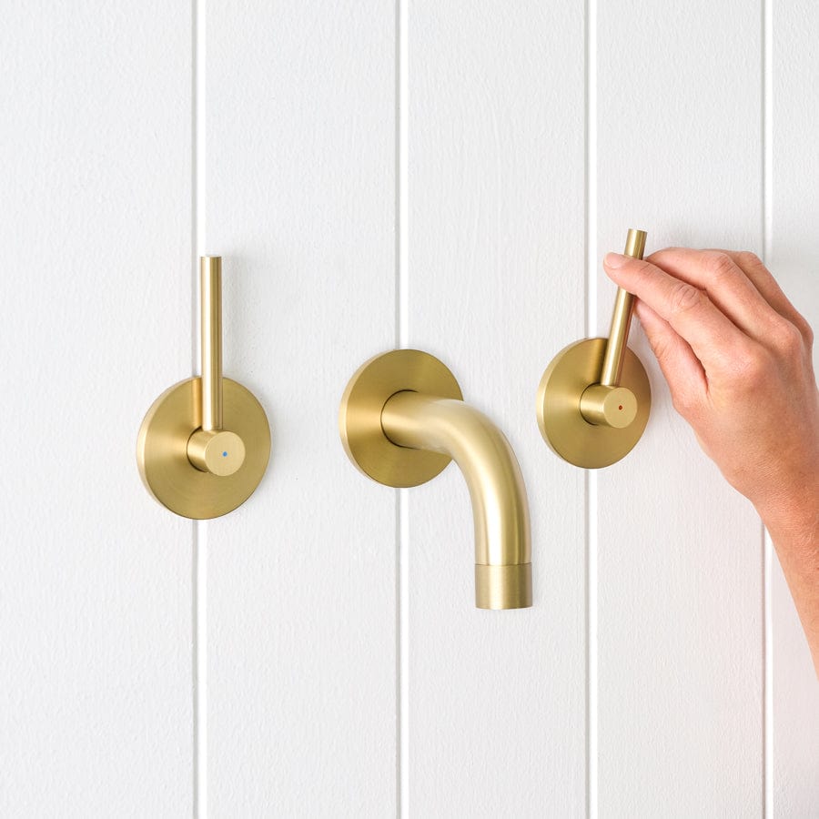 Sydney Wall Spout + Double Handle Taps Brushed Brass - Vintage Style Bathroom Faucet for Sink, Basin, or Bathtub - Perfect for Modern and Classic Home Decor