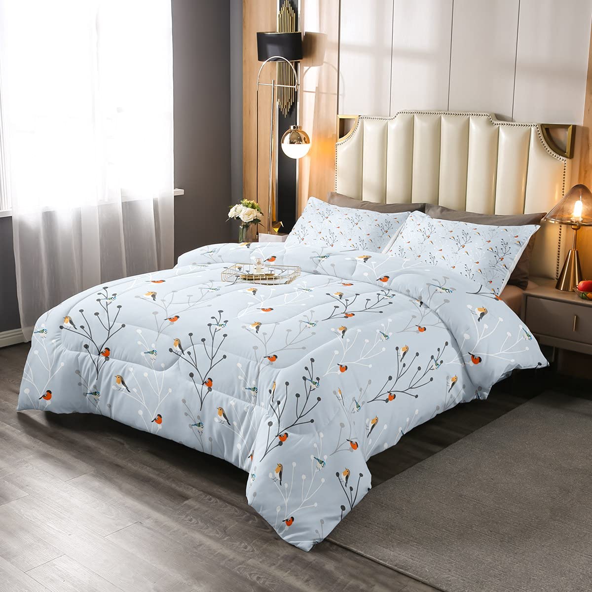 Rustic Birds Queen Size Comforter Set - Japanese Style Farmhouse Duvet Cover with Wild Plant & Jungle Animal Print, Includes 2 Pillowcases - Perfect for Boho Bedroom Decor & Cozy Farmhouse Style Home