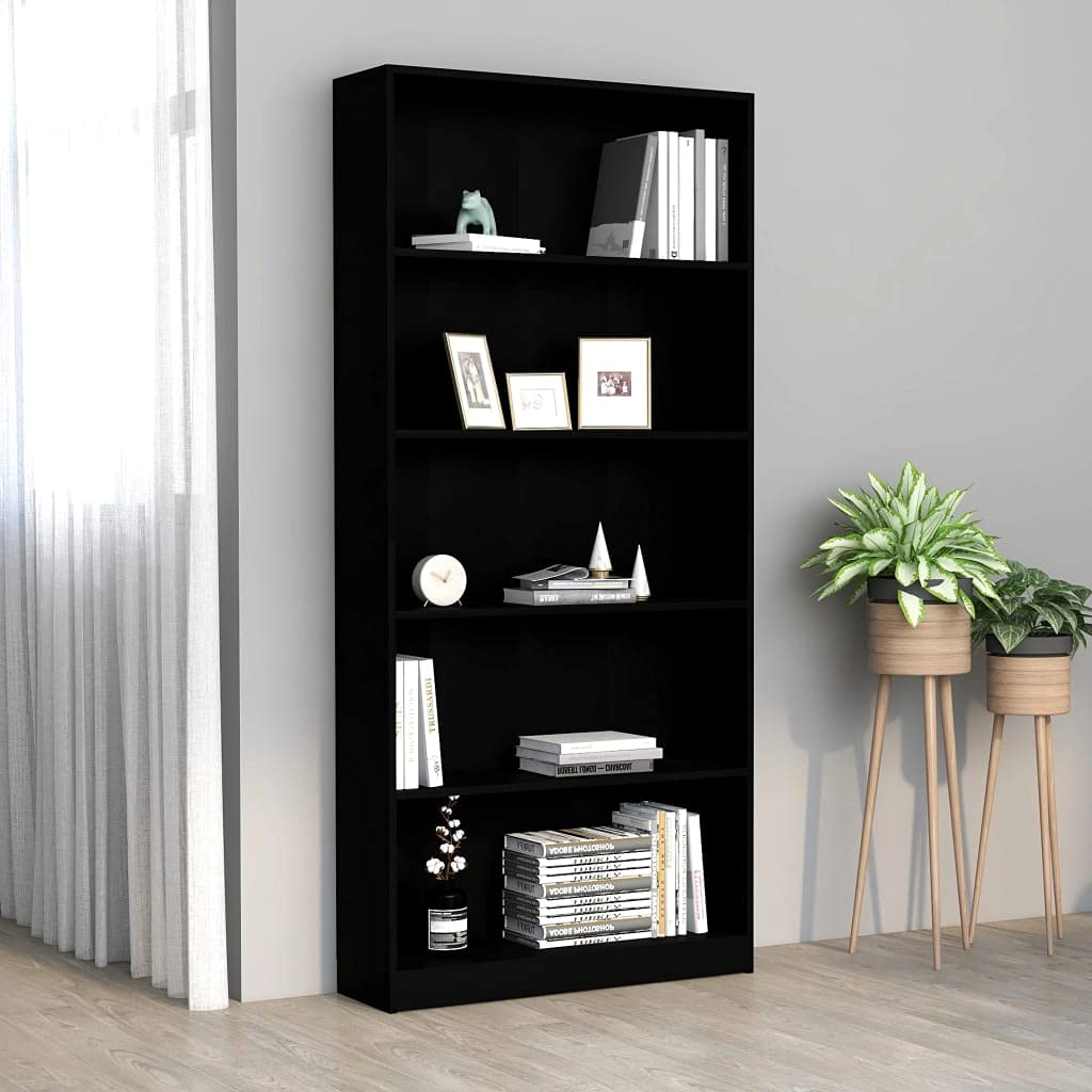 5-Tier Bookcase Storage Shelf - Sturdy Chipboard Ladder Book Shelf Cabinet for Home & Office - Black Entryway Furniture (31.5x9.4x68.9 Inches) - Perfect for Living Room, Bedroom, Study or Dorm Organization