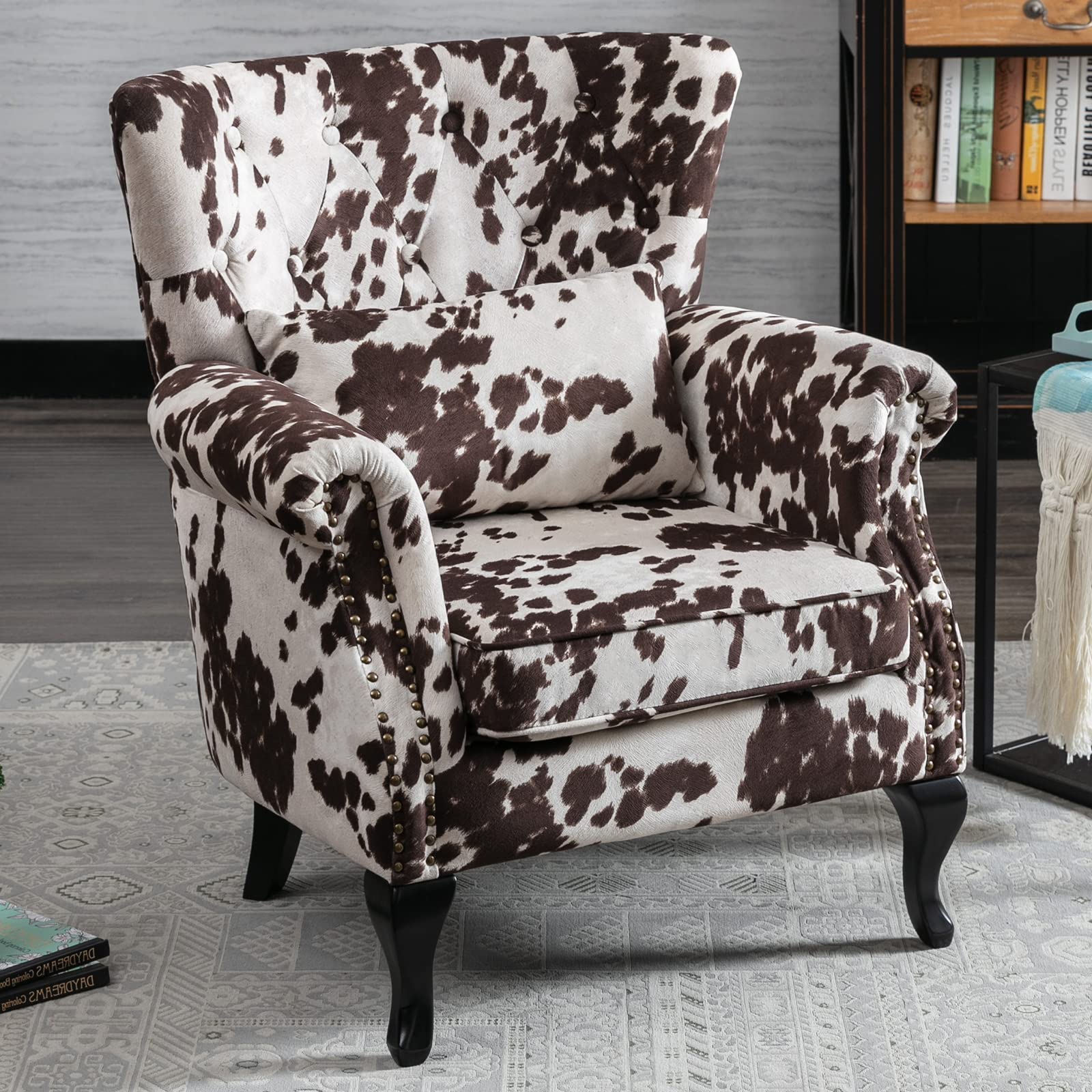 Mid-Century Modern Accent Reading Armchair - Tufted Wingback Club Chair with Lumbar Pillow for Living Room & Bedroom - Cozy Fabric Upholstered Lounge Chair for Reading Nook, Office Waiting Room or Relaxing Corner