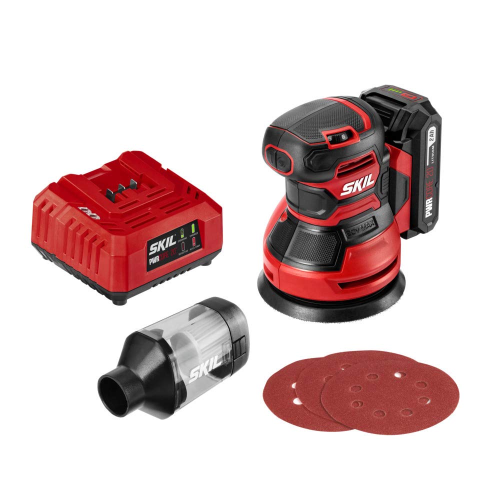 SKIL PWRCore 20 20V Brushed 5-Inch Random Orbital Sander with Variable Speed - Includes 3pc Sandpaper, Dust Box, 2.0Ah Battery & Charger (SR6604B-10) - Perfect for Woodworking, DIY Projects & Furniture Refinishing