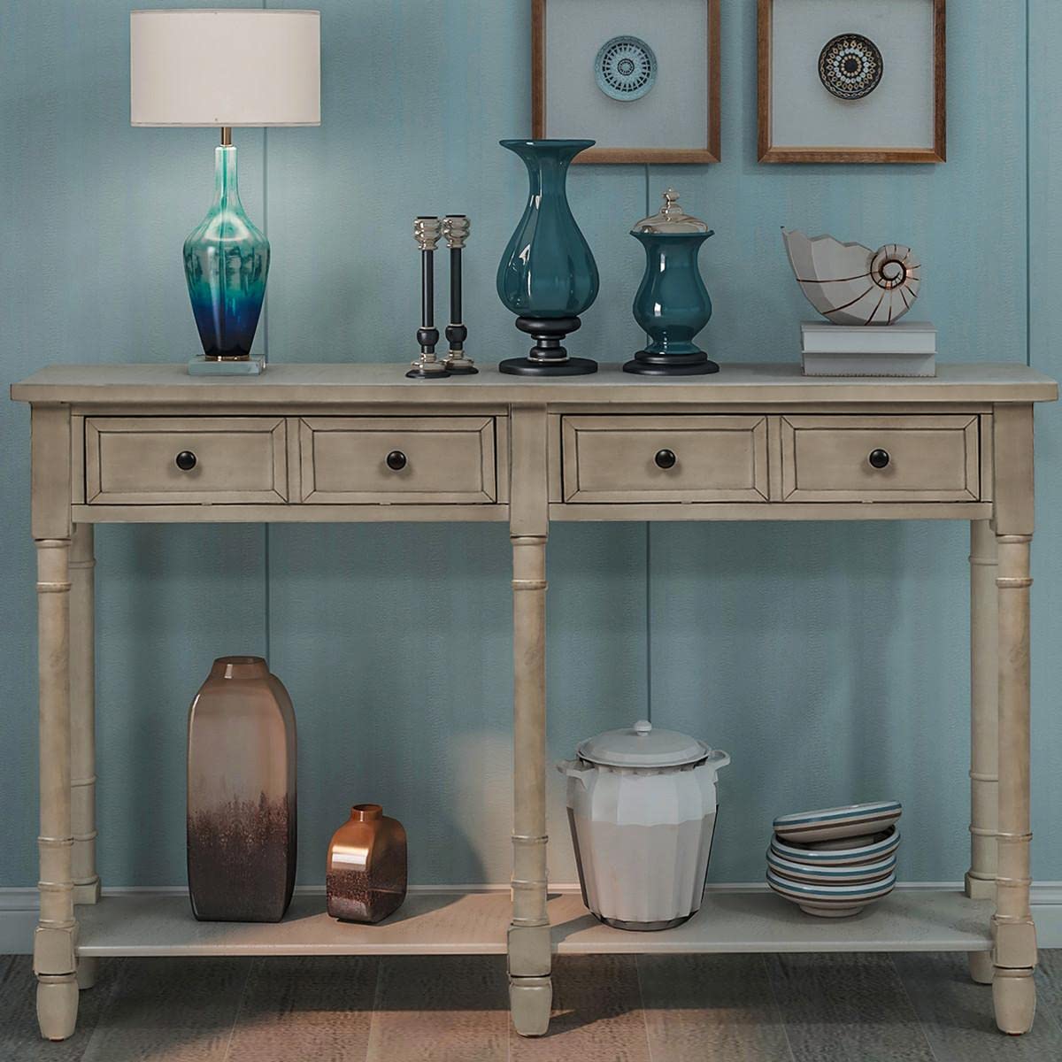 JINS&VICO Modern Grey Wash Console Table with 2 Storage Drawers & Bottom Shelf - Easy Assembly Entryway Sofa Table for Living Room, Hallway & Bedroom Decor