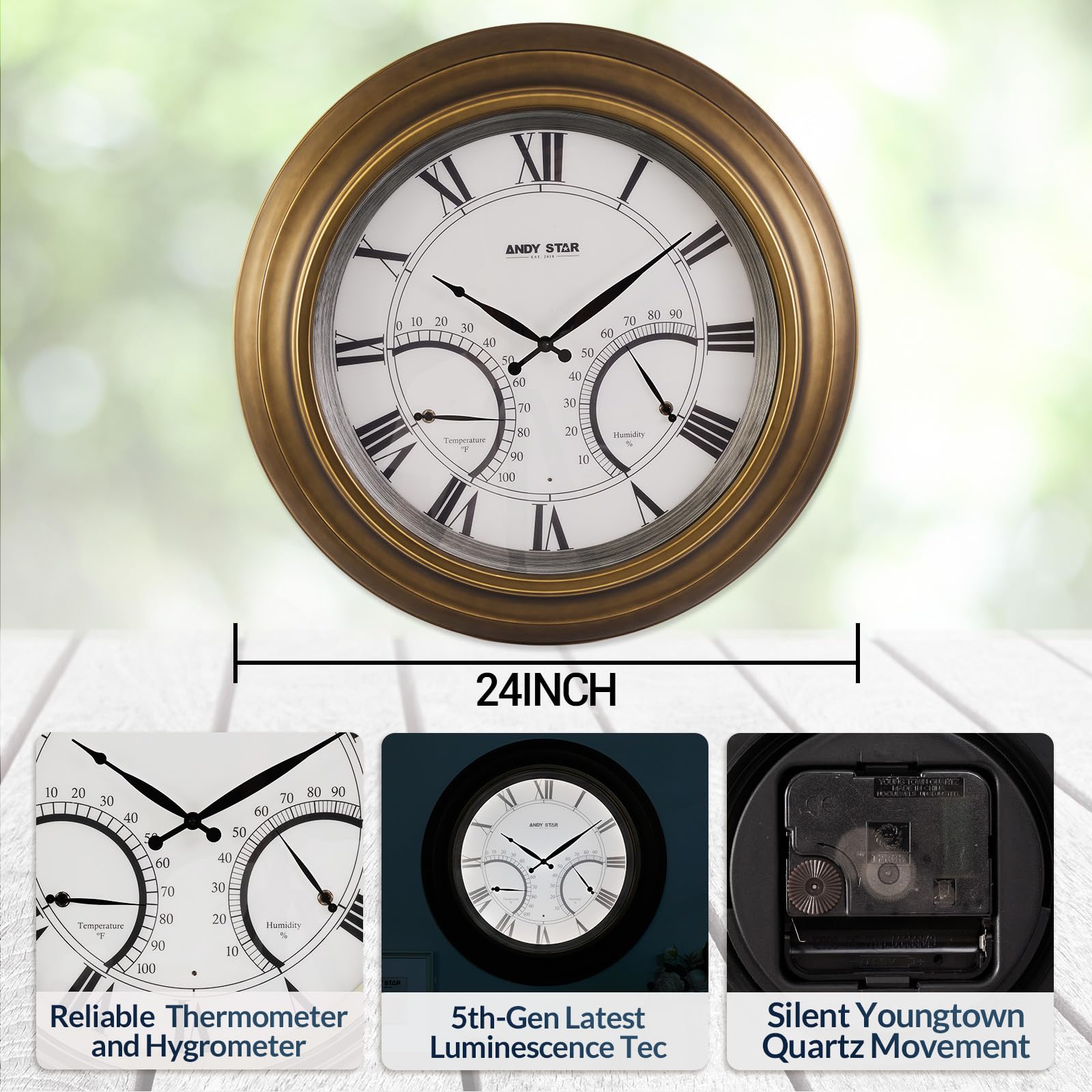 24 Inch Large Outdoor Wall Clock with Thermometer - Waterproof, Illuminated, Non-Ticking Metal Clock for Patio, Garden & Backyard - Battery Operated, Gold Finish - Perfect Housewarming Gift & Outdoor Decor