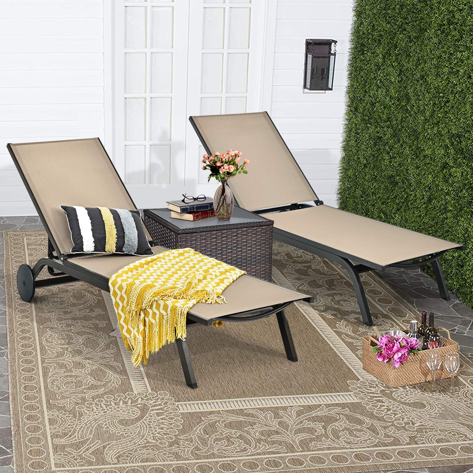 Giantex Adjustable Patio Chaise Lounge Chair with 6-Position Recliner & Wheels - Outdoor Aluminum Sunbathing Chair for Poolside, Beach, Garden & Backyard Relaxation (2-Pack, Brown)