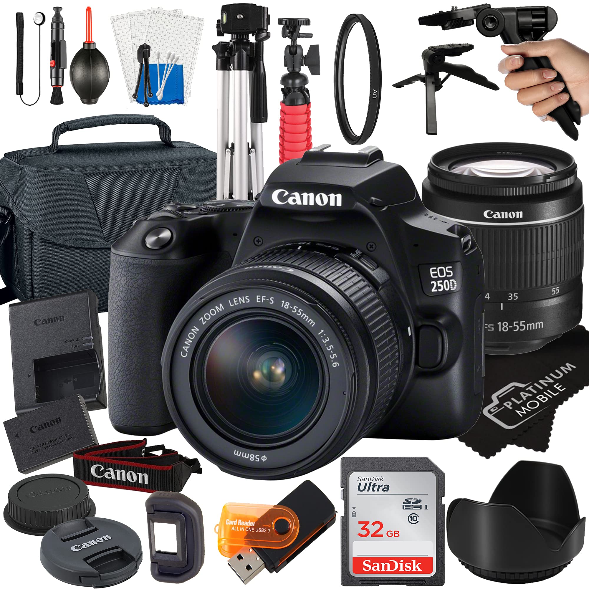 Canon EOS 250D / Rebel SL3 DSLR Camera with EF-S 18-55mm Lens Kit | 21pc Bundle Includes SanDisk 32GB Card, Tripod, Case & Accessories | Perfect for Travel Photography, Vlogging & Beginners (Renewed)