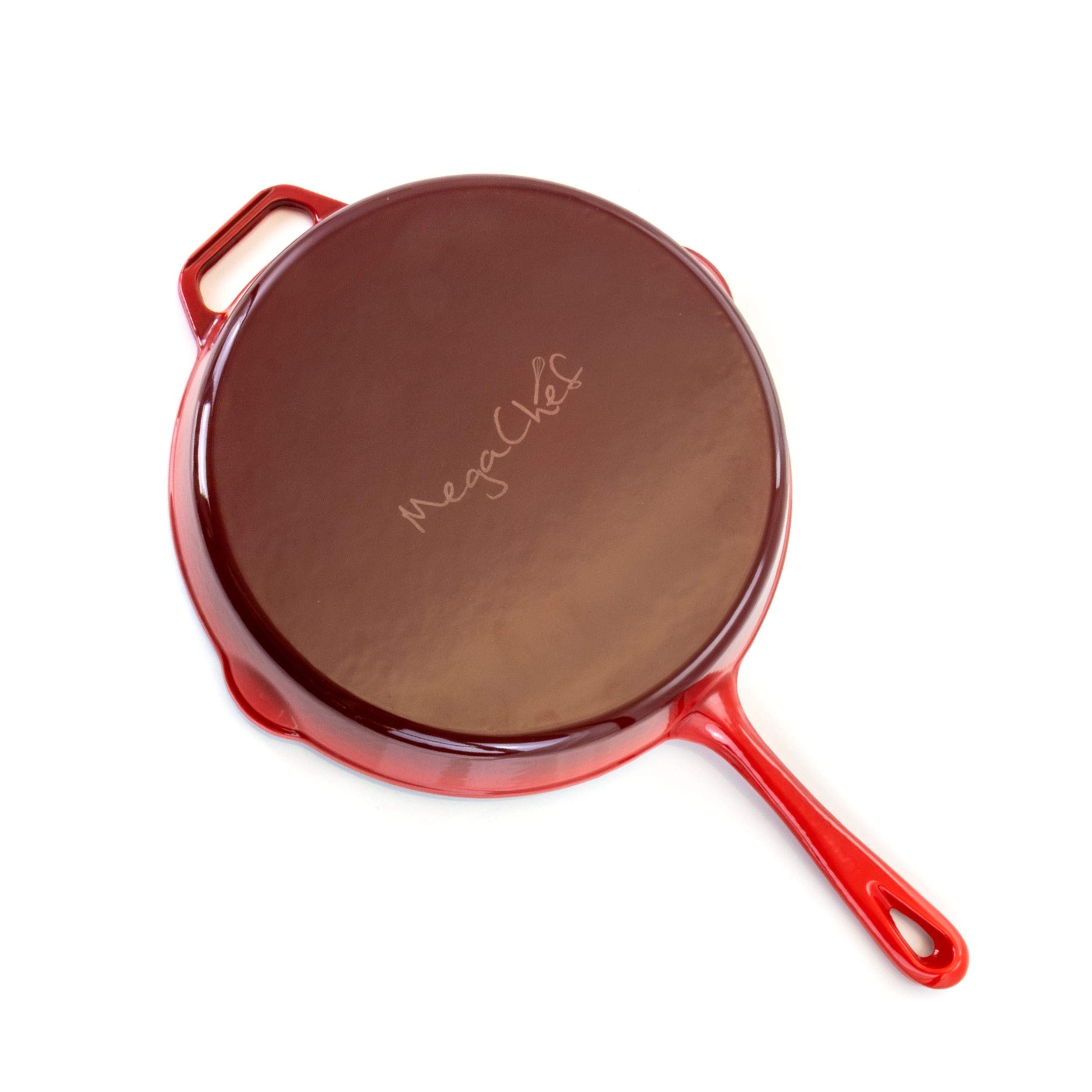 Megachef 10.25 Inch Red Enamel Cast Iron Skillet - Pre-Seasoned, Oven & Stovetop Safe for Searing, Baking & Frying - Perfect for Steaks, Pancakes & Dutch Oven Cooking