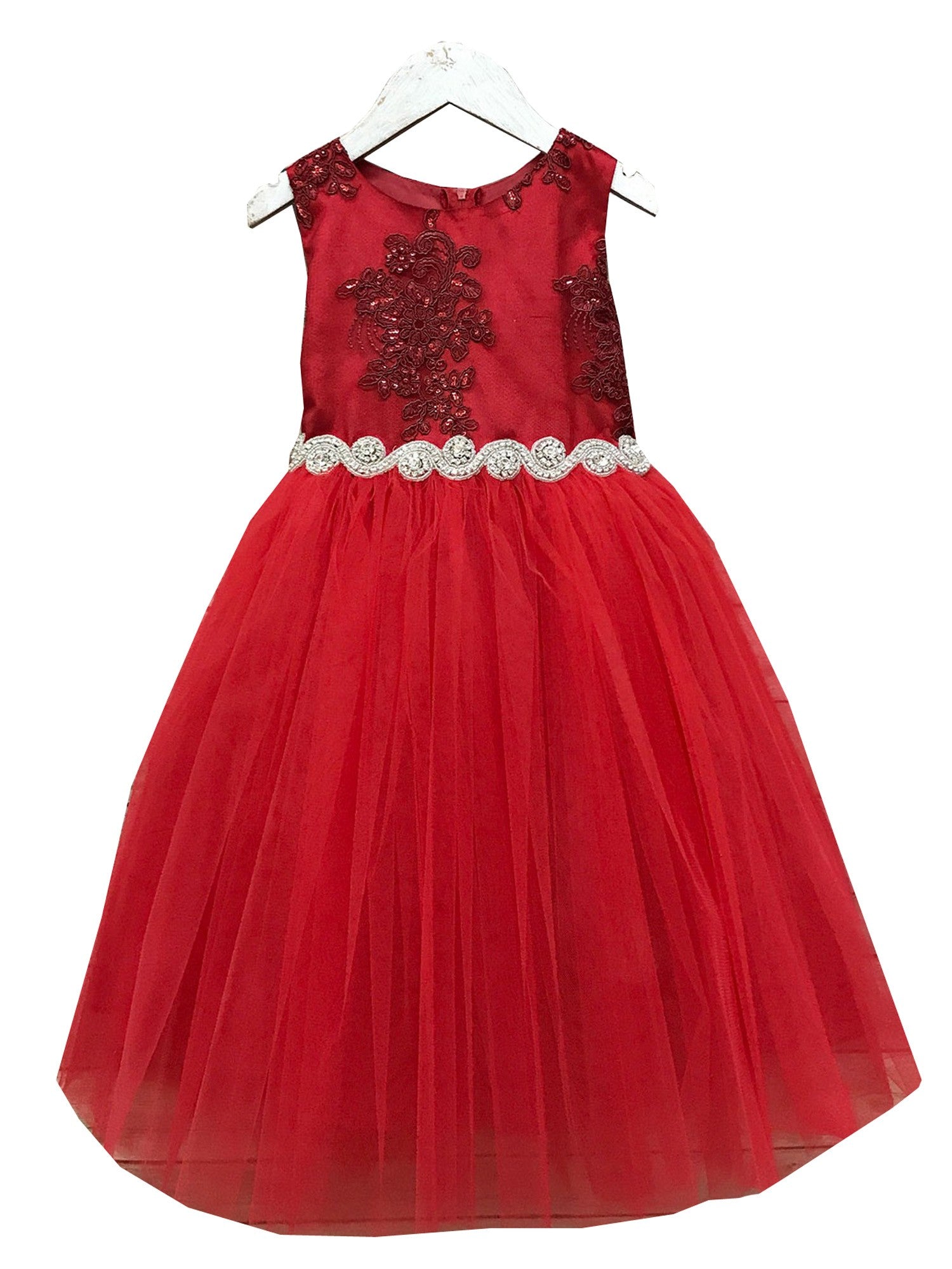 Elegant Red Silk Rhinestone Belt Tulle Christmas Dress for Big Girls Size 8-12 | Holiday Party, Pageant, and Special Occasion Outfit