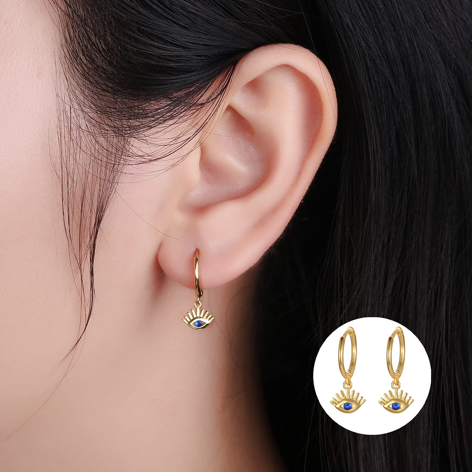 Dainty Hoop Dangle Earrings for Women | Small Sterling Silver Huggie Drop Earrings with Moon, Star, Spike & Evil Eye Charms | Perfect for Everyday Wear, Date Night & Gifts