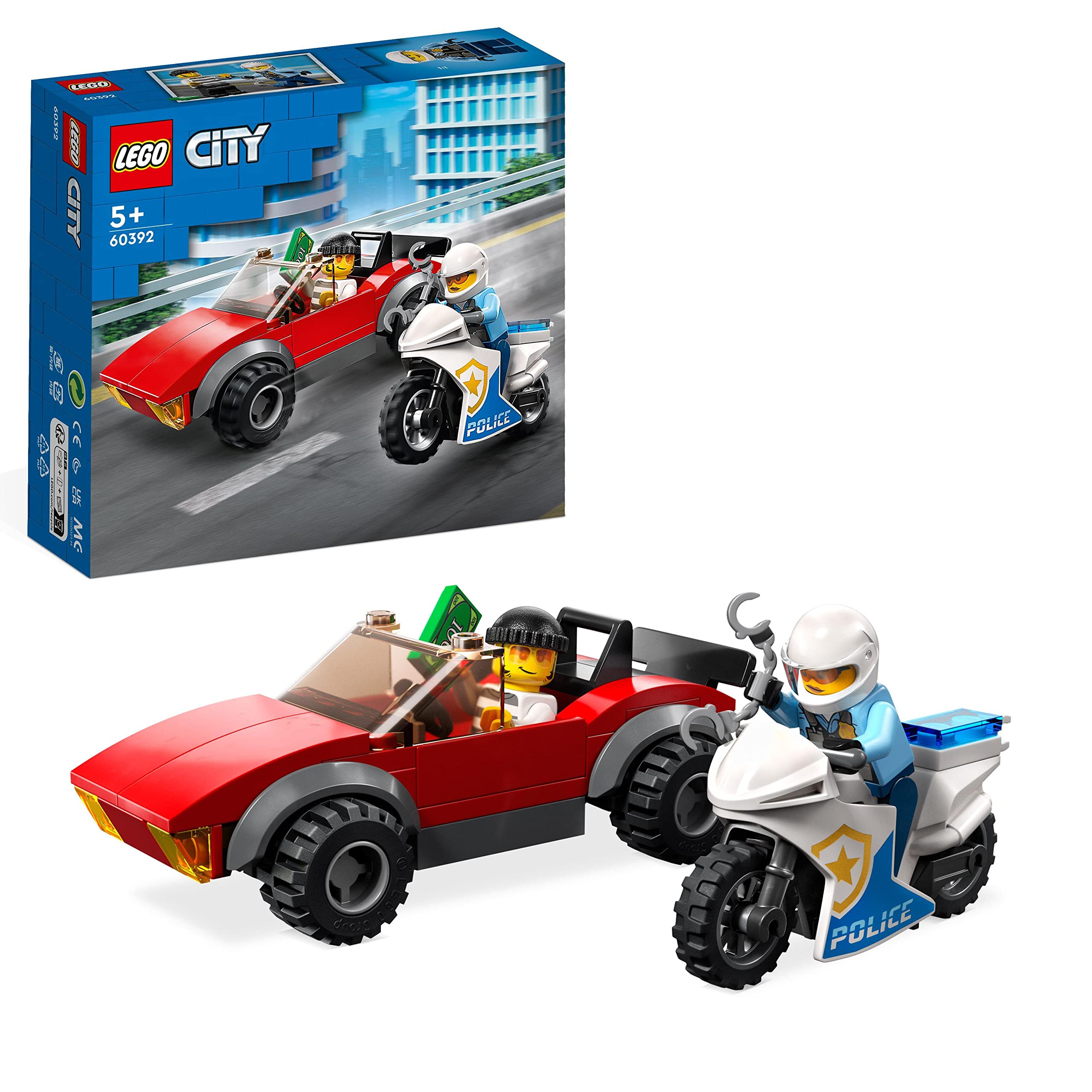 LEGO 60392 City Police Motorcycle Chase Toy Set with Race Car & 2 Police Minifigures – Birthday Gift Idea for Kids Ages 5+ – Fun Pretend Play & Adventure Scenes