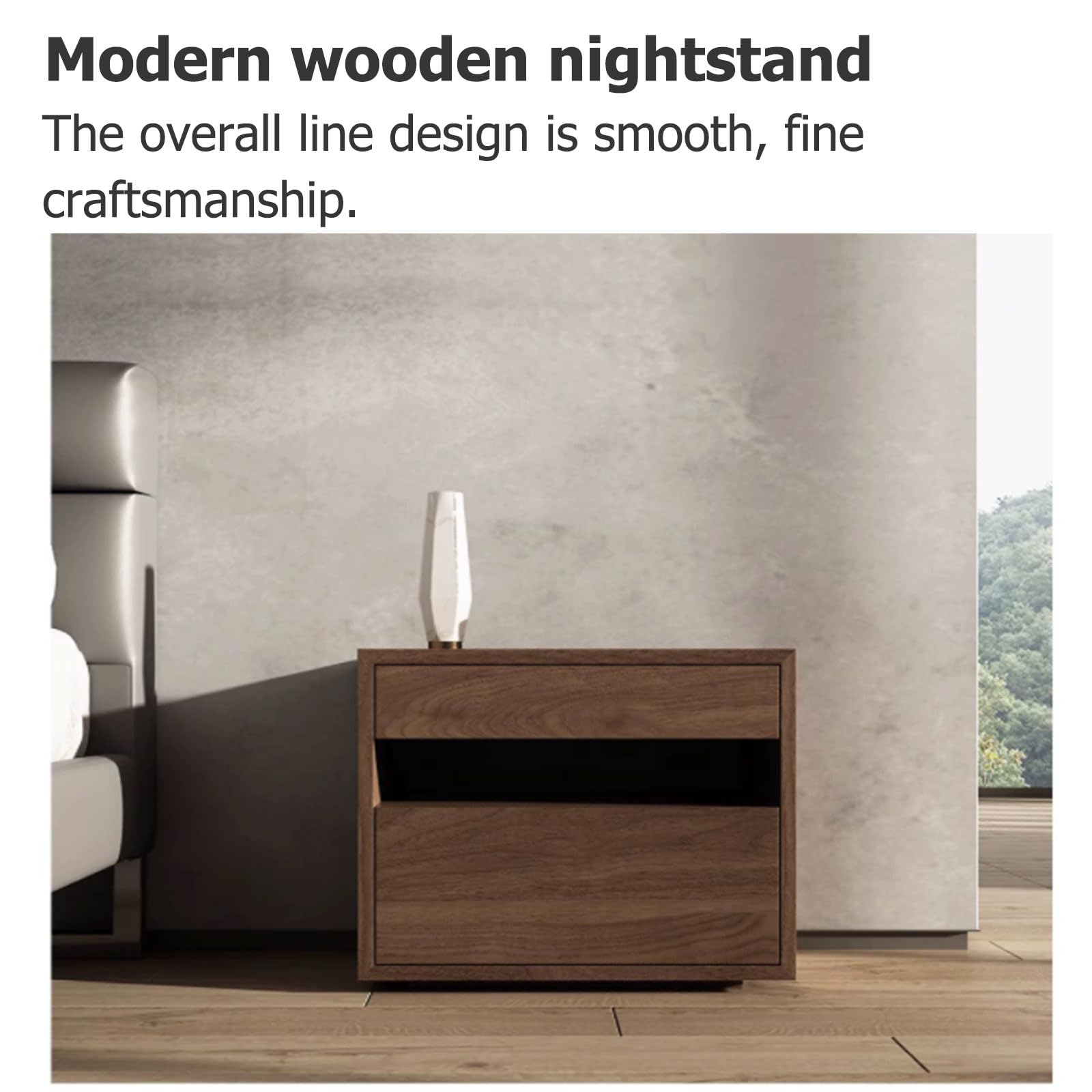 SOBOUR Minimalist Wood Nightstand with 2 Drawers - Slim Rectangular Bedside Table for Bedroom, Living Room & Office - Modern Storage Dresser for Small Spaces, Books, Lamps & Bedroom Essentials