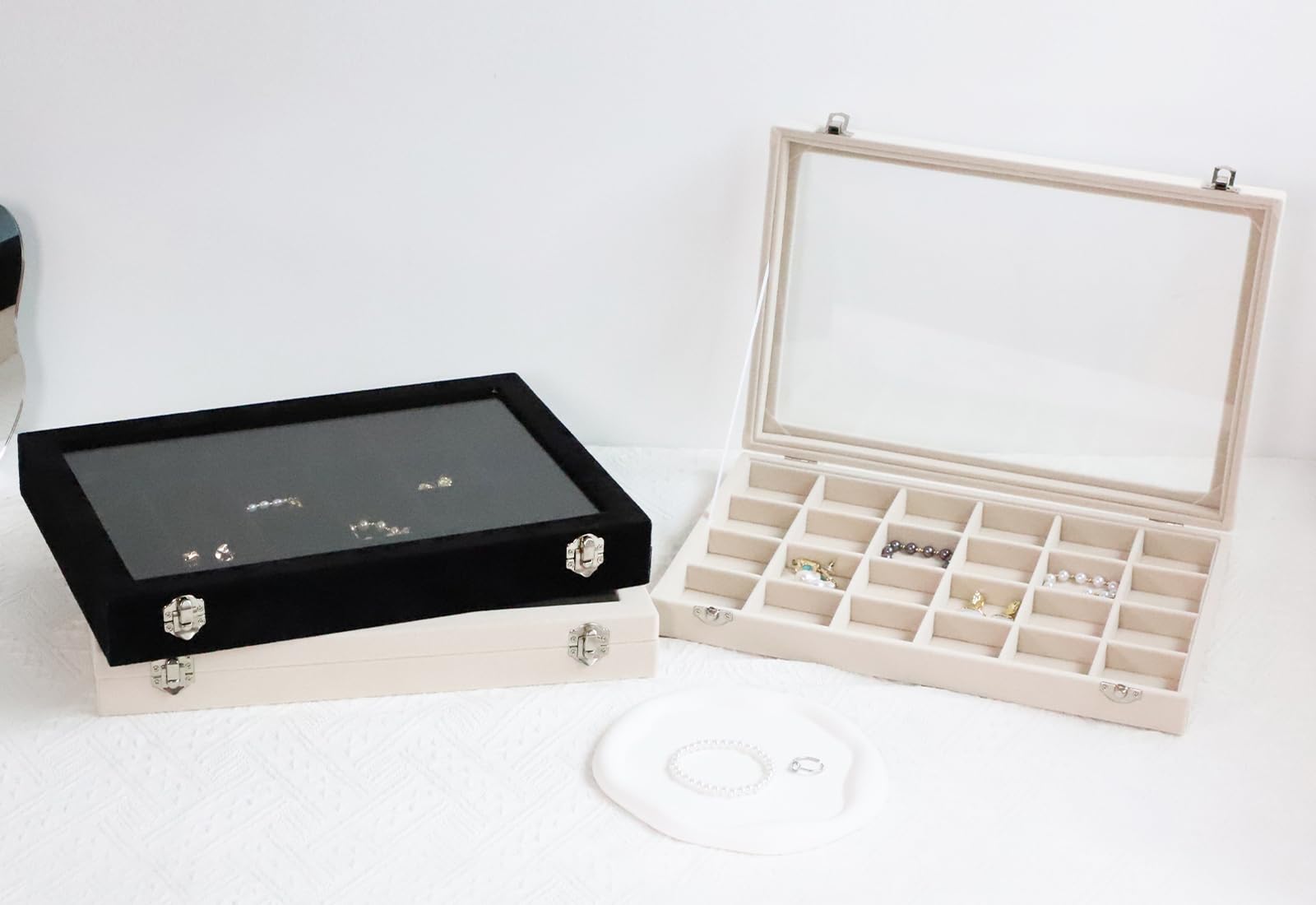 Wudygirl Velvet Earring Organizer with Clear Lid - 64 Slot Jewelry Storage Box with Lock, Beige Jewelry Tray for Earrings, Necklaces & Rings - Perfect for Travel, Home Decor and Gift Giving