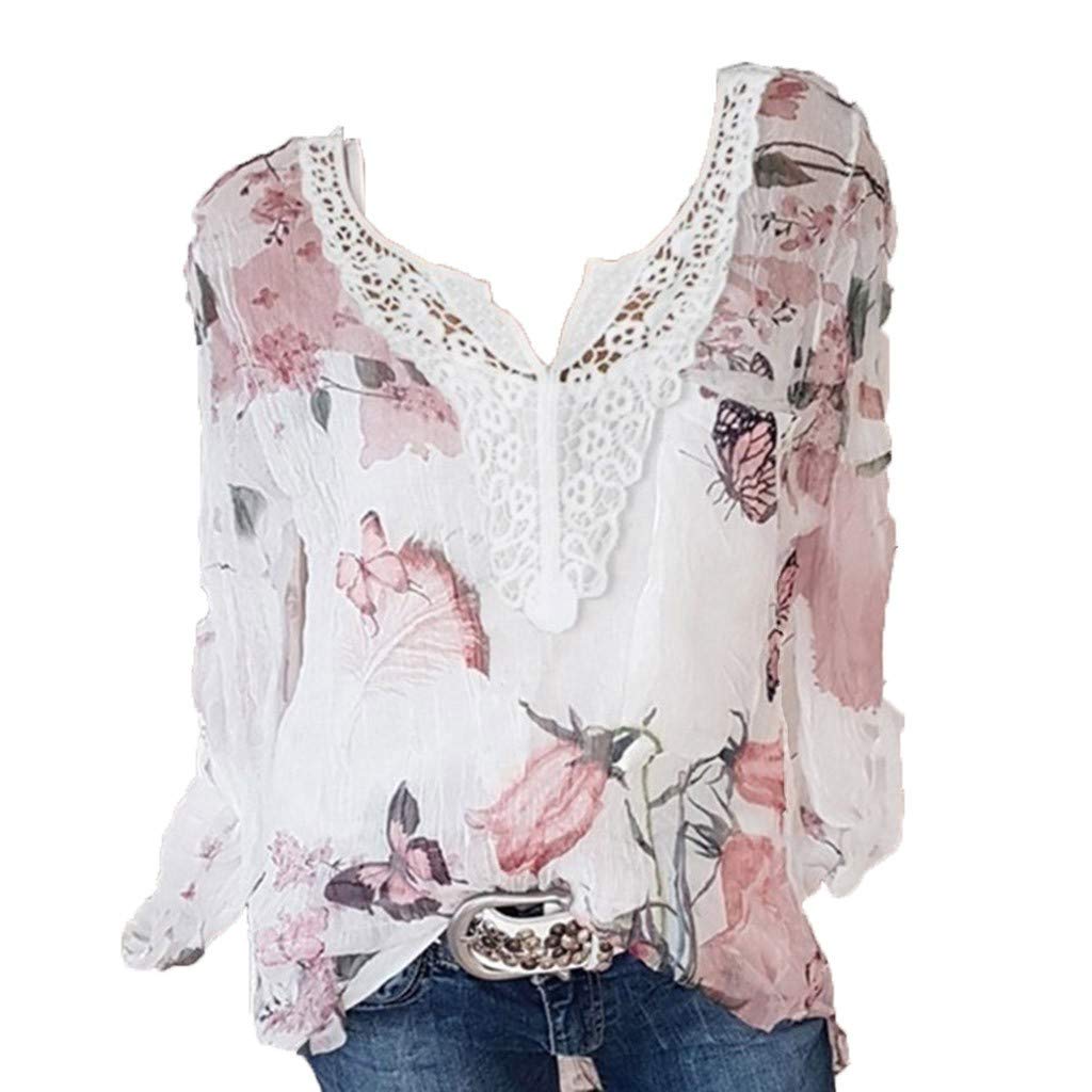 Women's Floral Lace Printed Chiffon Blouse - Long Sleeve V-Neck Lightweight Loose Casual Top for Spring/Summer | Perfect for Office, Date Night & Outdoor Activities