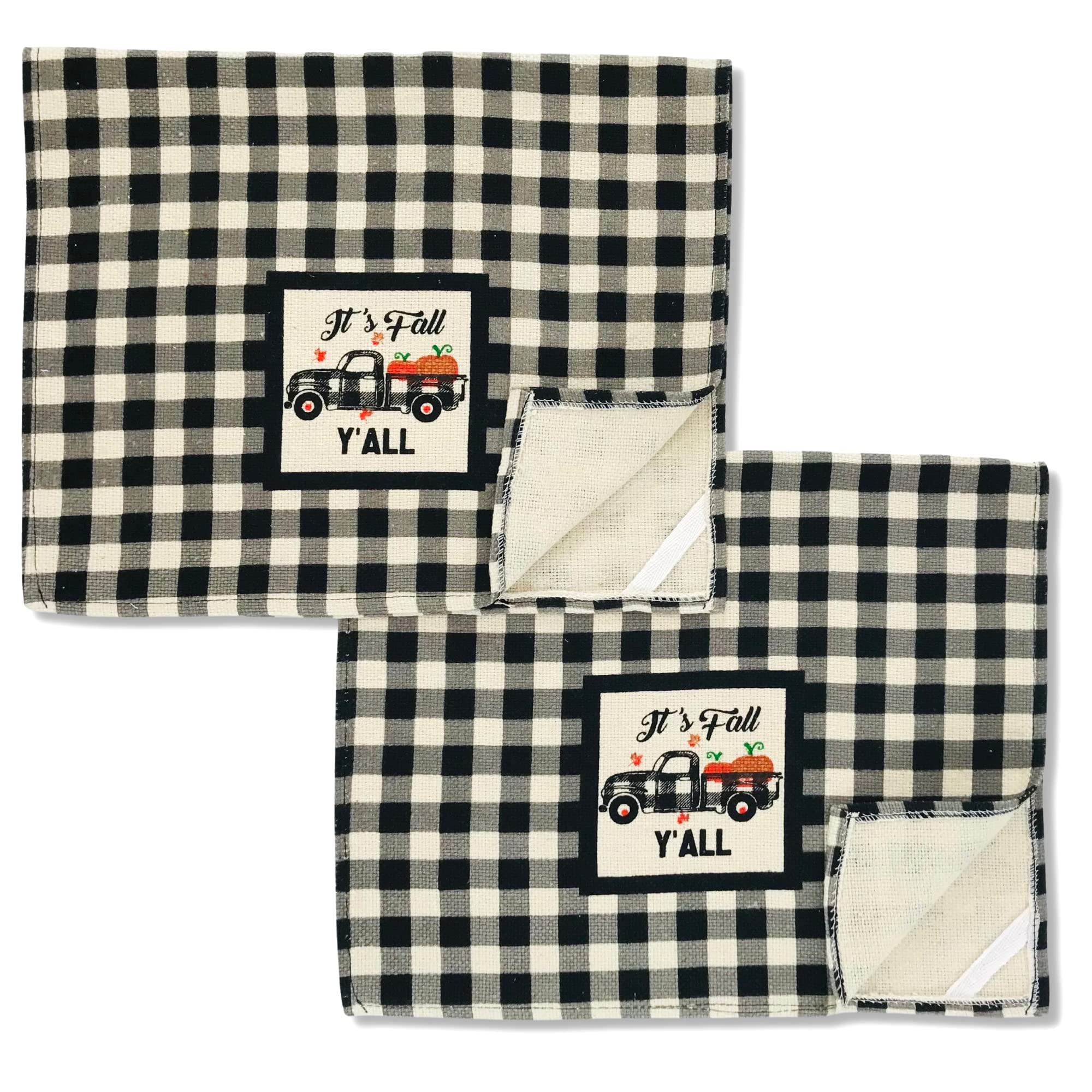 Serafina Home Fall Black Check Kitchen Towels and Pot Holder Set - 5 Piece Farmhouse Country Pumpkin Truck Design (3 Towels, 1 Pot Holder, 1 Oven Mitt) - Perfect for Thanksgiving, Autumn Decor & Farmhouse Style Kitchens