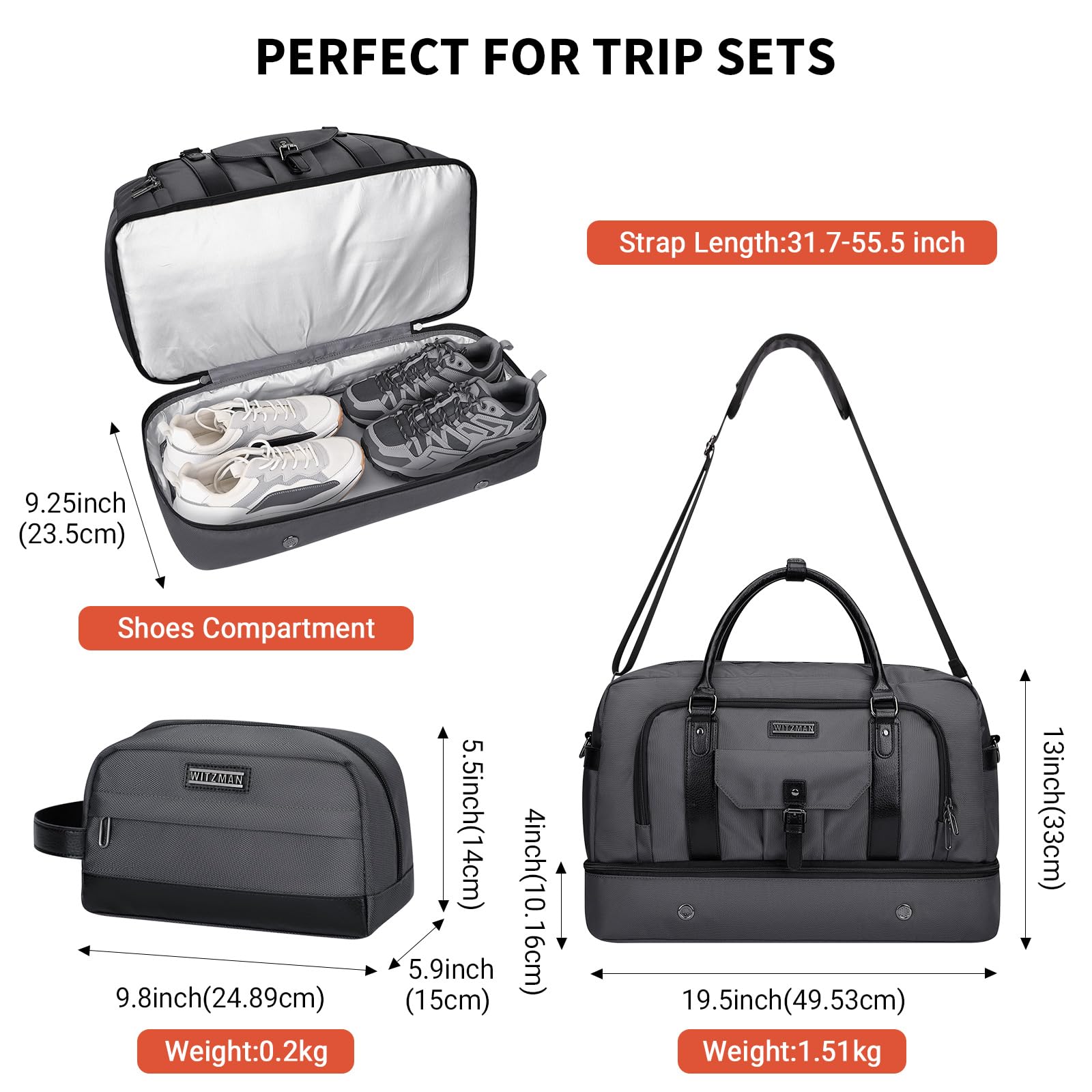 WITZMAN Weekender Travel Duffle Bag for Men & Women - Carry On Overnight Bag with Toiletry Pouch & Shoe Compartment (B694 Silvery Grey) - Perfect for Gym, Business Trips & Weekend Getaways