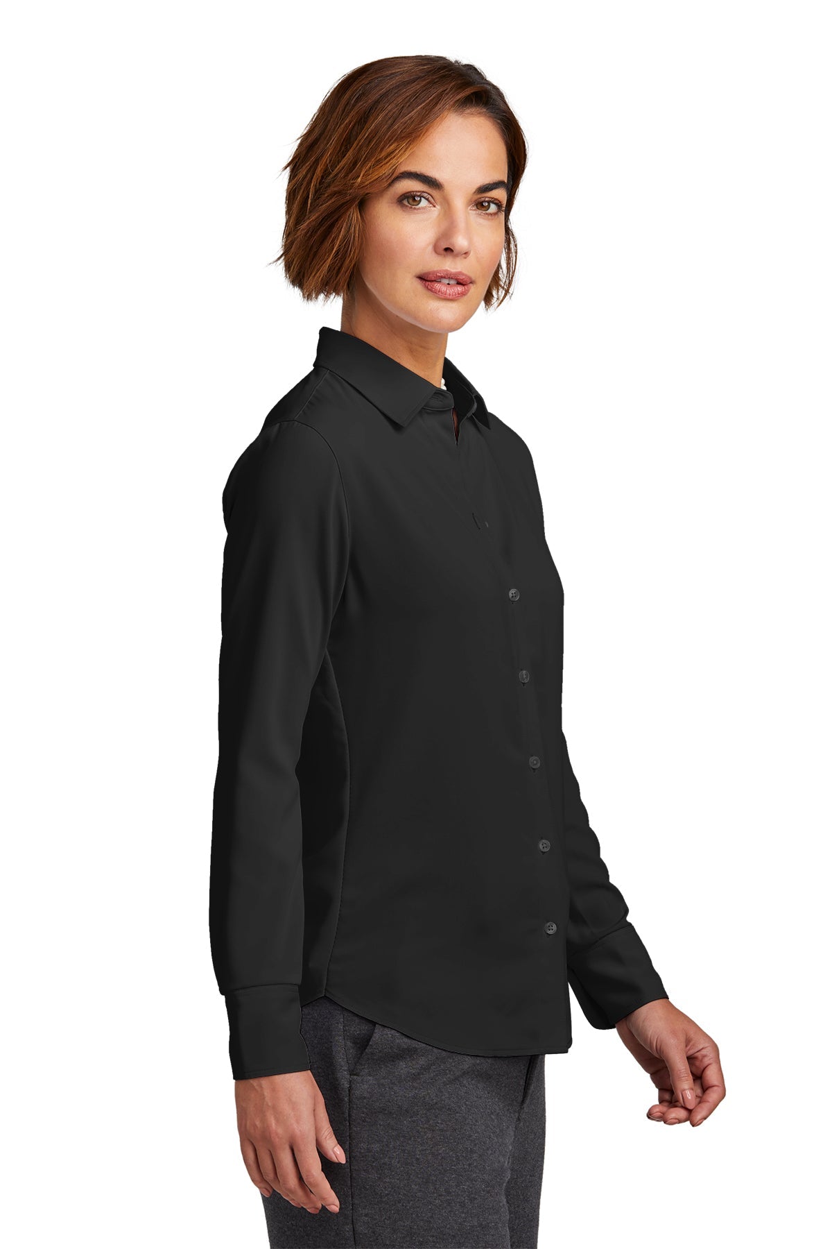 Brooks Brothers Women's Full Button Satin Blouse - Deep Black | Elegant Office Wear & Evening Outfits for Professional Women