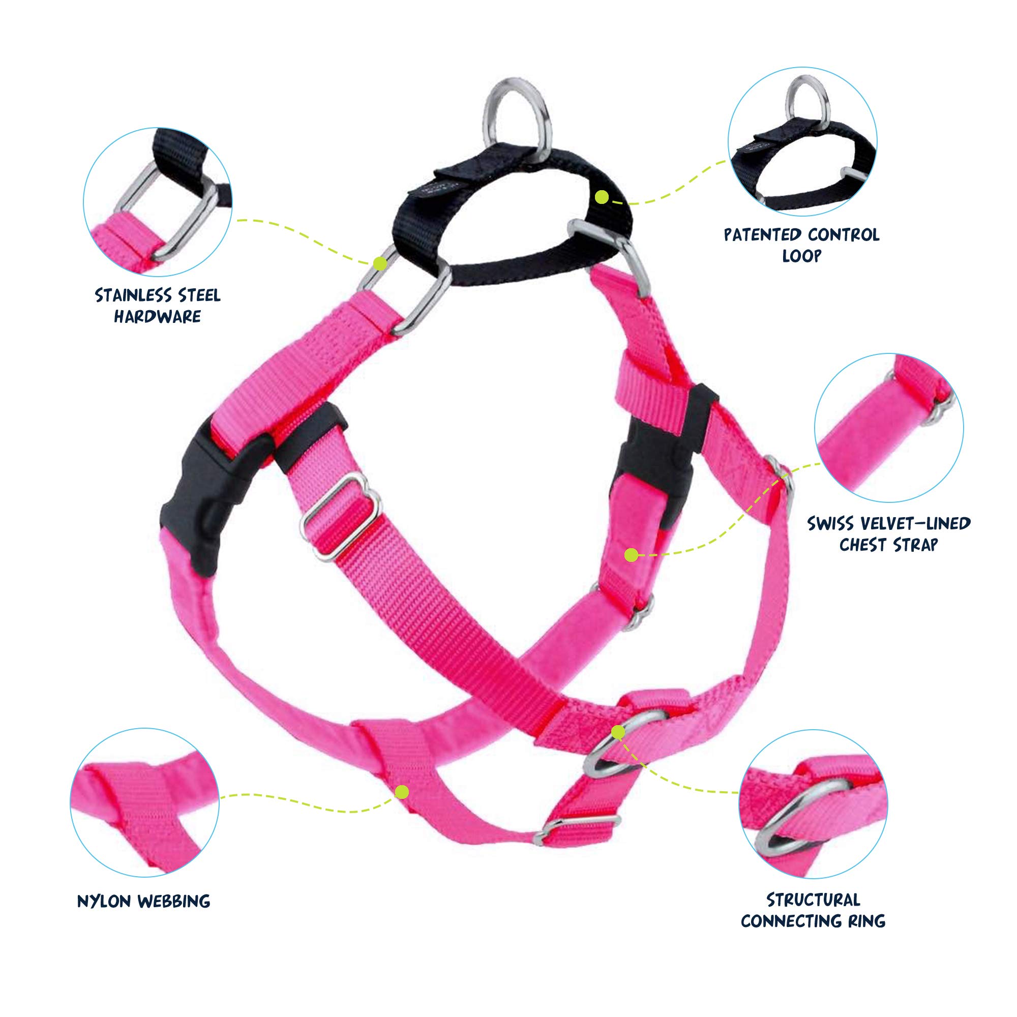 2 Hounds Design Freedom No Pull Dog Harness - Adjustable Pet Harness and Leash Set for Easy Walking & Comfortable Control - Fits Small, Medium & Large Dogs - USA Made Hot Pink 1
