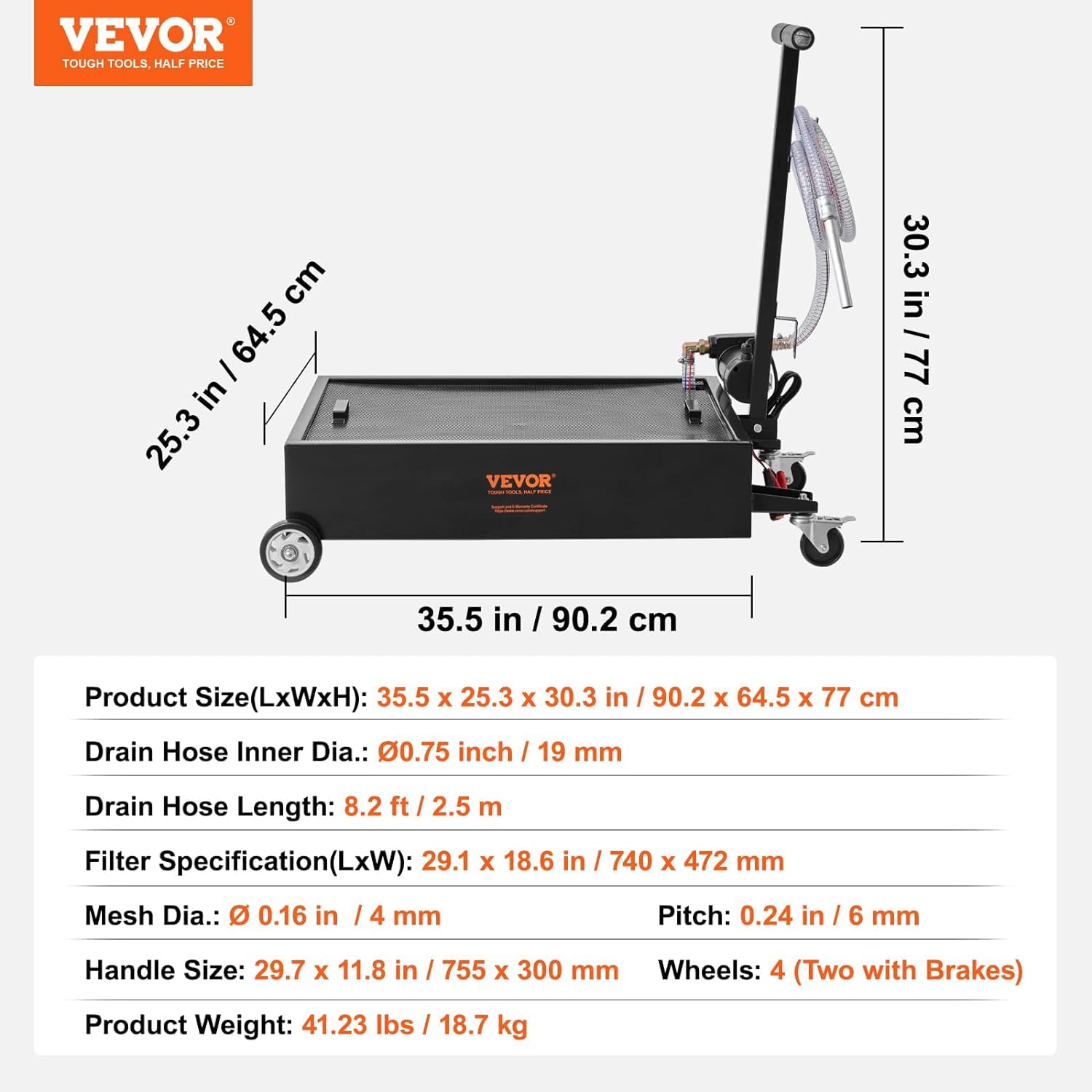 VEVOR 15 Gallon Low Profile Oil Drain Pan with Electric Pump - 8.2ft Hose & Folding Handle - Rolling Oil Change Cart for Trucks, Buses, RVs - Perfect for DIY Auto Maintenance, Fleet Service & Garage Use