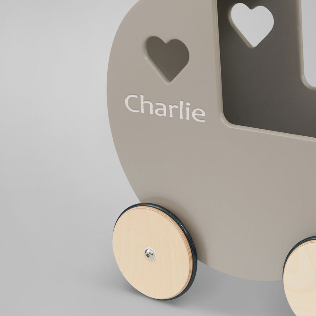 Personalized Grey Wooden Doll Stroller - Perfect for Kids' Pretend Play, Nursery Decor & Gift for Toddlers