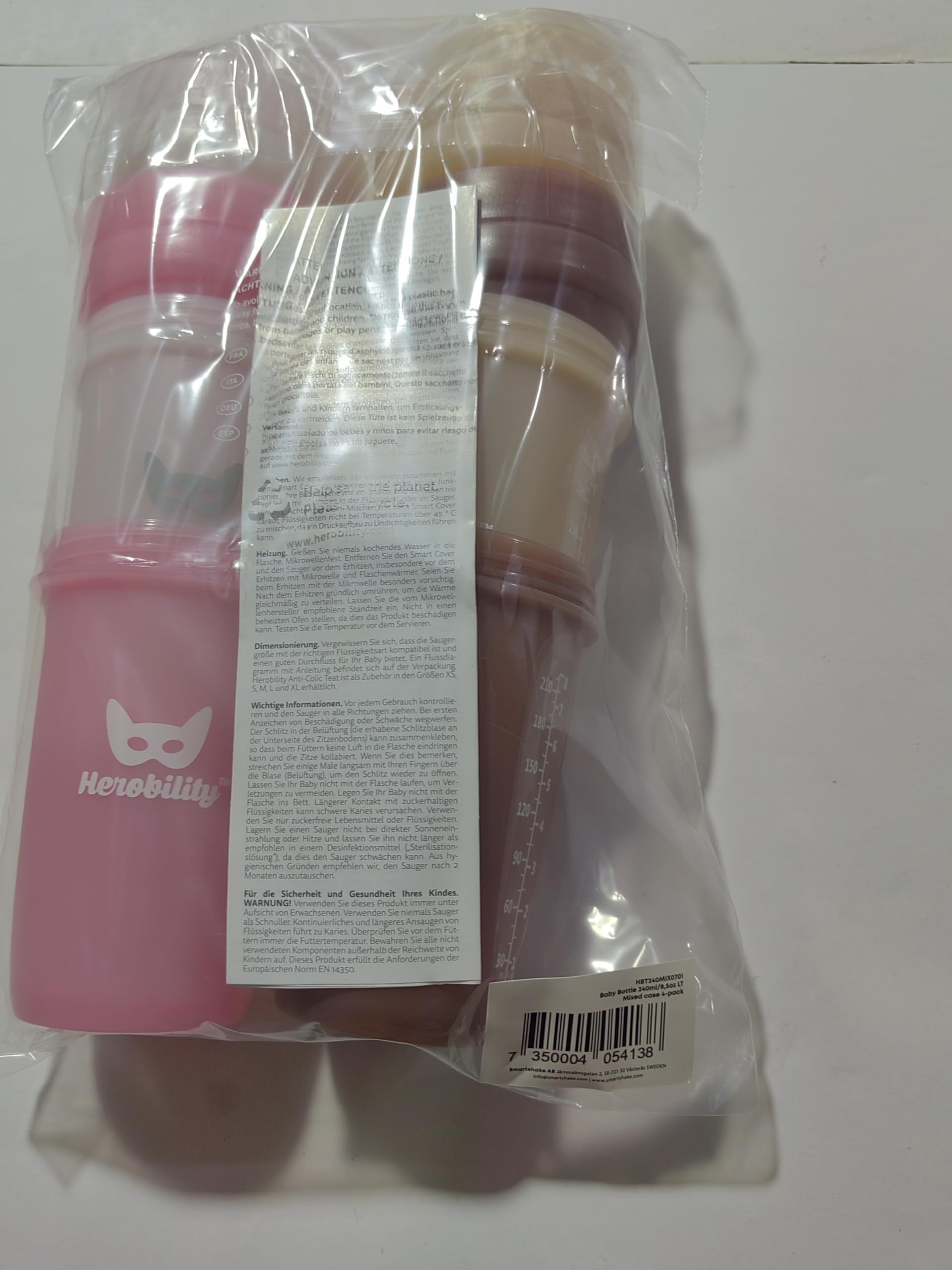 Herobility Double Anti-Colic Baby Bottles 8.5oz (240ml) - 4 Pack with Slow Flow Nipples - BPA-Free Newborn Feeding Bottles in Sand, Woodchuck, Pink & White Colors - Perfect for Breastfeeding, Formula Feeding & On-the-Go Use