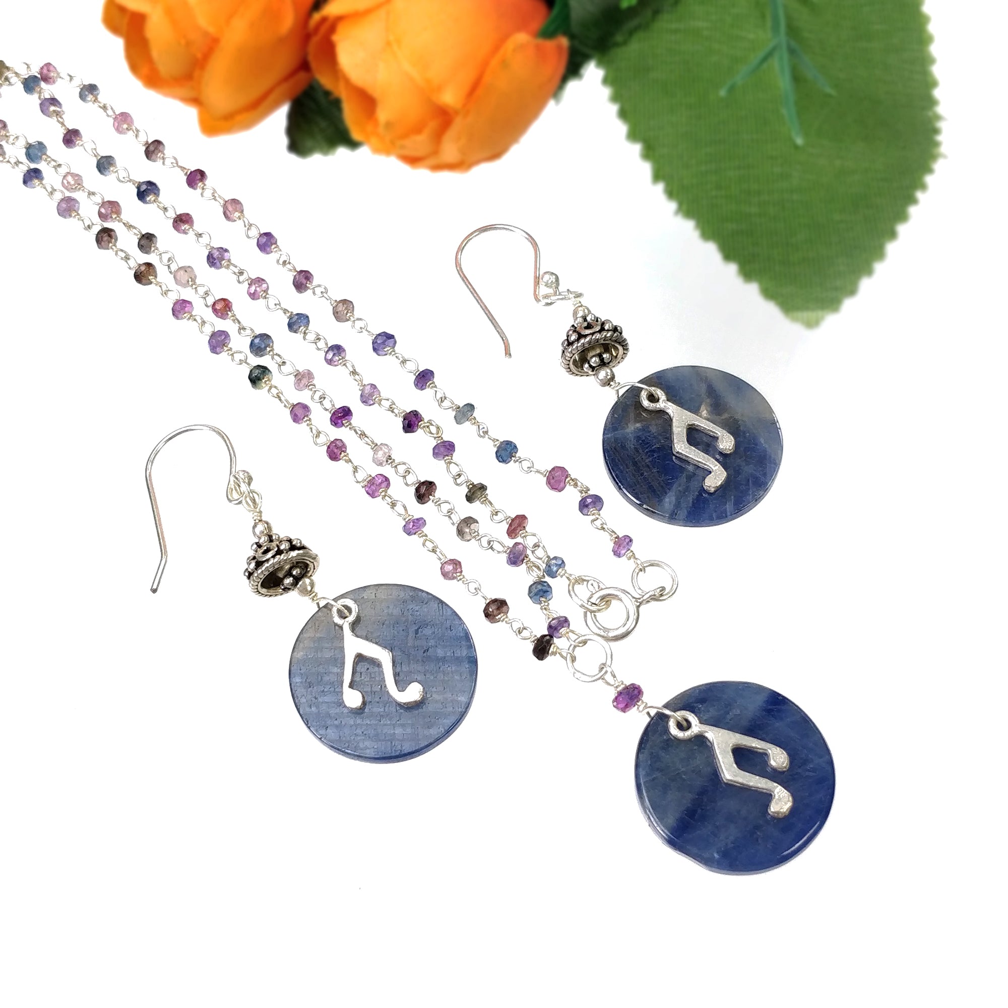 925 Sterling Silver Jewelry Set with Natural Untreated Blue Sapphire Gemstone - 19 Beads Necklace & Drop Dangle Earrings | Perfect for Weddings, Parties & Special Occasions