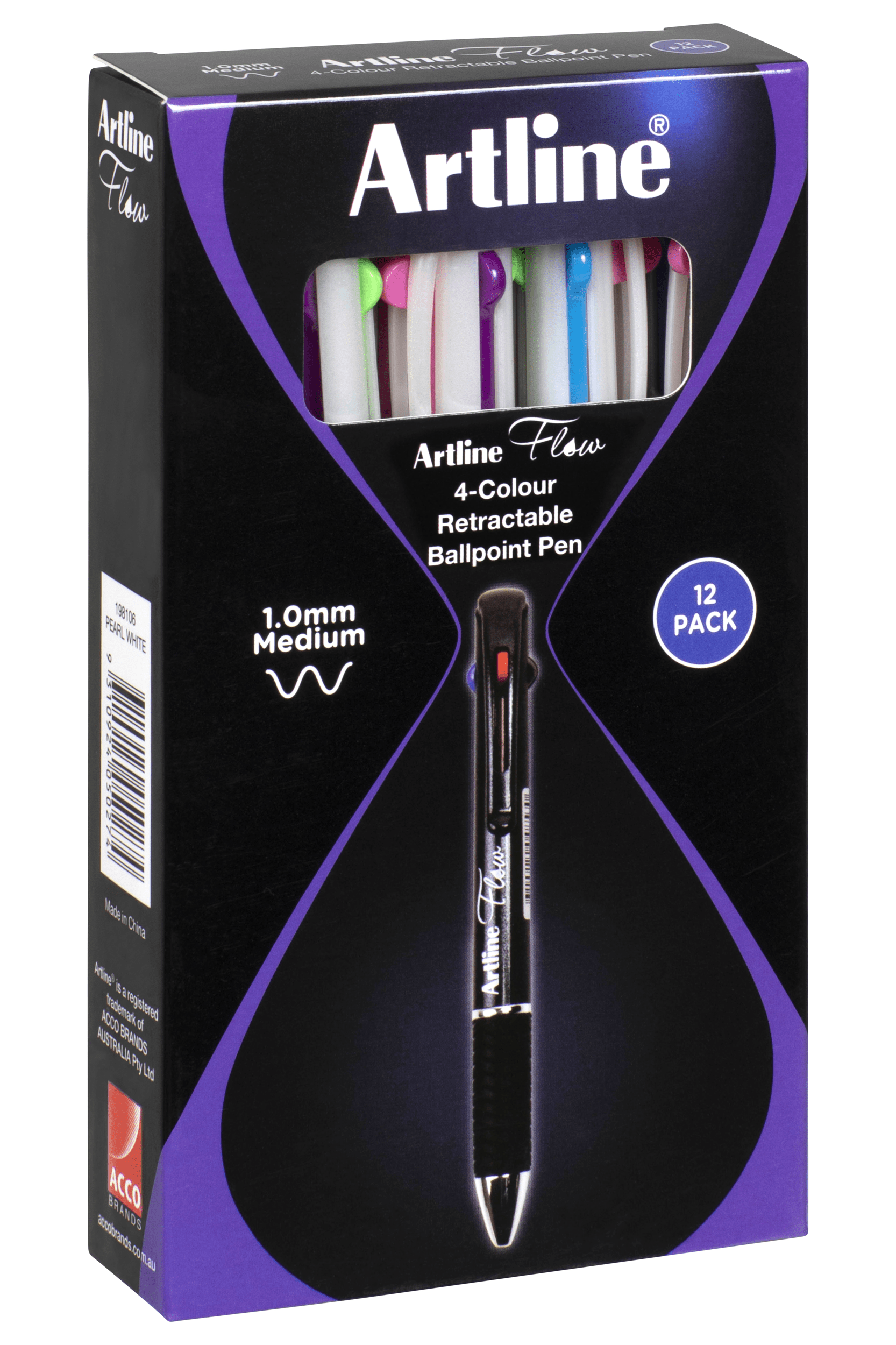 Artline Flow 4-Color Retractable Ballpoint Pen Set - Pearl White (12-Pack) for Office, School & Note Taking