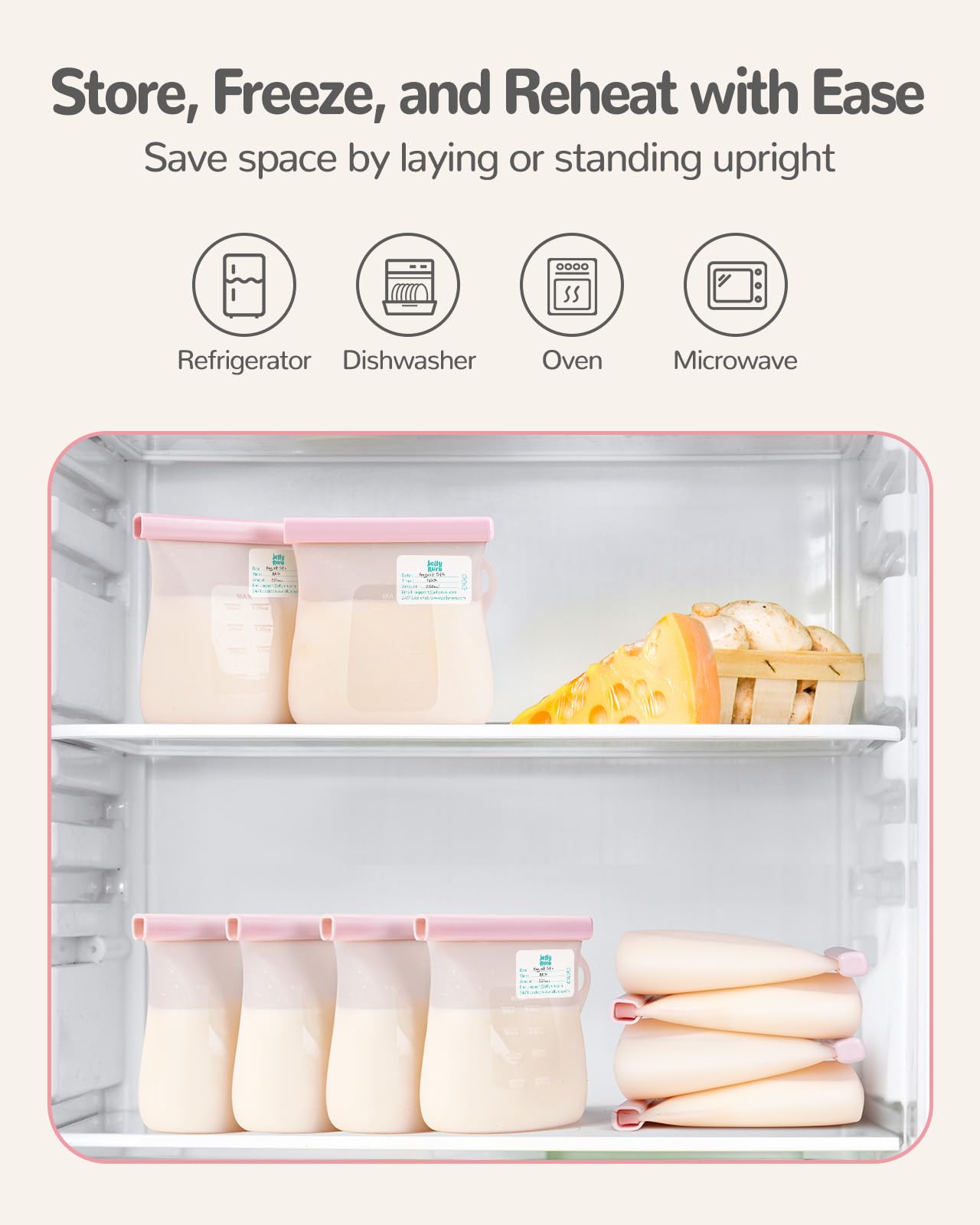 JellyRuru 7-Pack Reusable Breast Milk Storage Bags - 8.5oz/250ml BPA-Free Silicone Freezer Containers for Breastmilk - Leakproof, Self-Standing Baby Food Storage Bags - Perfect for Pumping, Freezing & Organizing Breast Milk at Home or On-the-Go