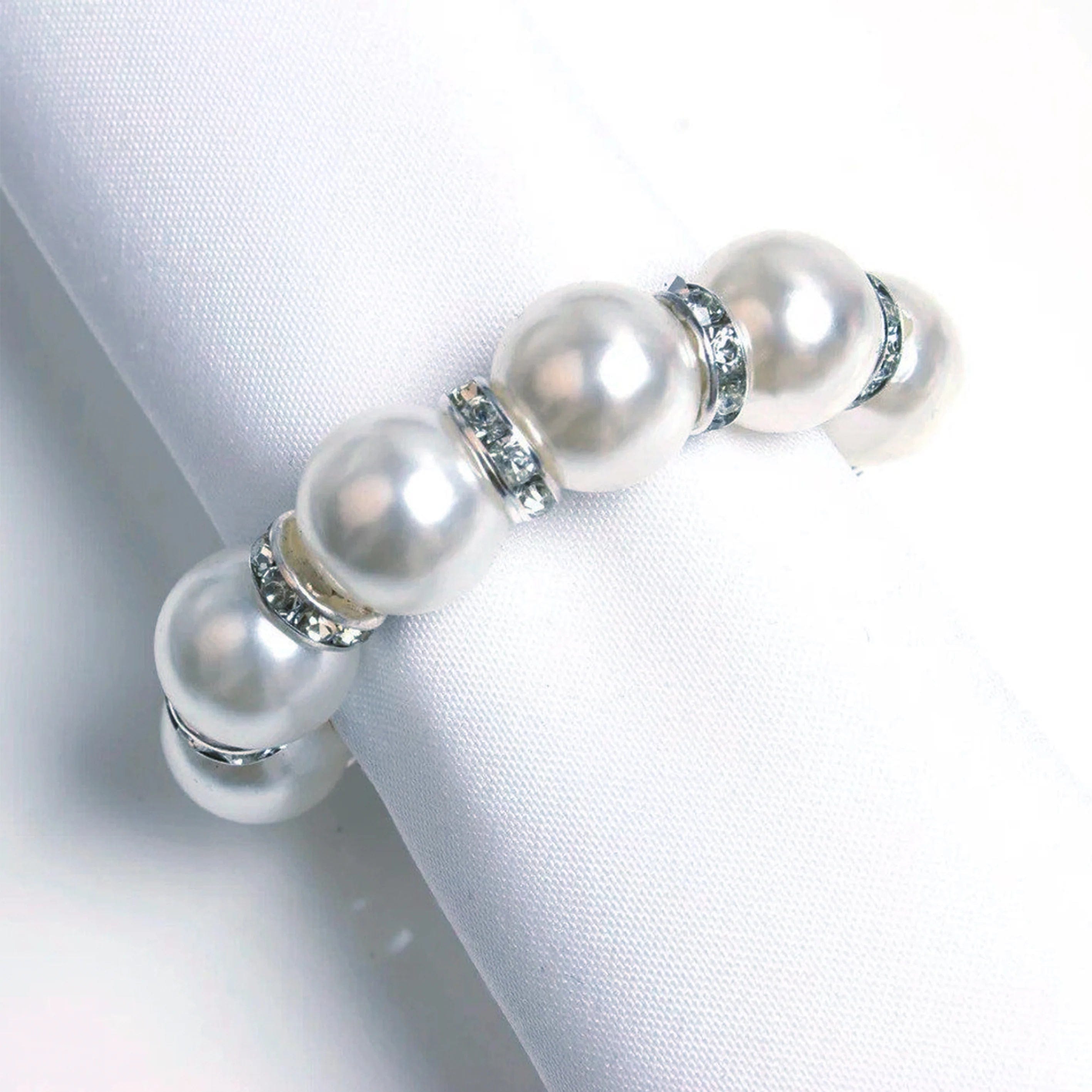 4 Pack Faux Pearl & Rhinestone Napkin Rings - Elegant White & Silver Wedding Table Decor for Bridal Shower, Dinner Party, and Holiday Celebrations