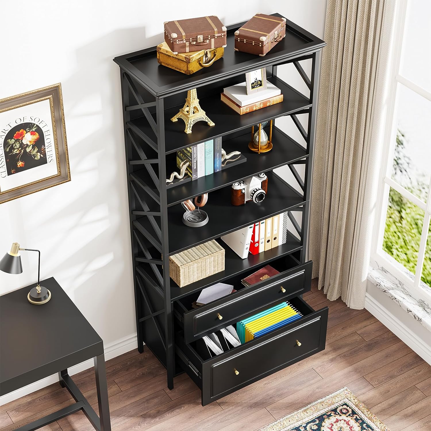 2 Drawer Vertical File Cabinet with Storage Shelves - Office Document Organizer for Home & Business Use