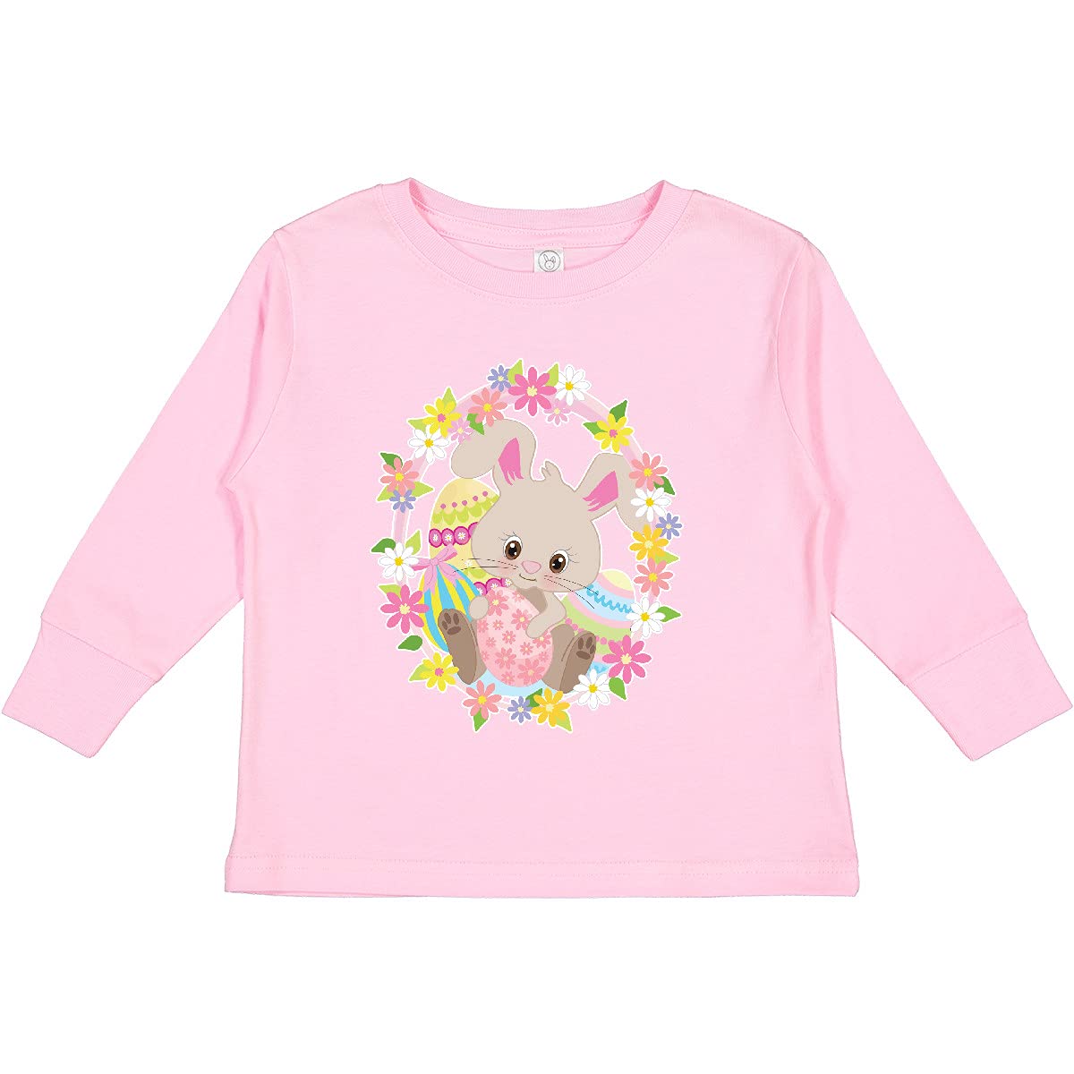 Inktastic Easter Bunny with Flowers and Eggs Toddler Long Sleeve T-Shirt - Cute Easter Outfit for Boys & Girls, Spring Holiday Family Matching Tee
