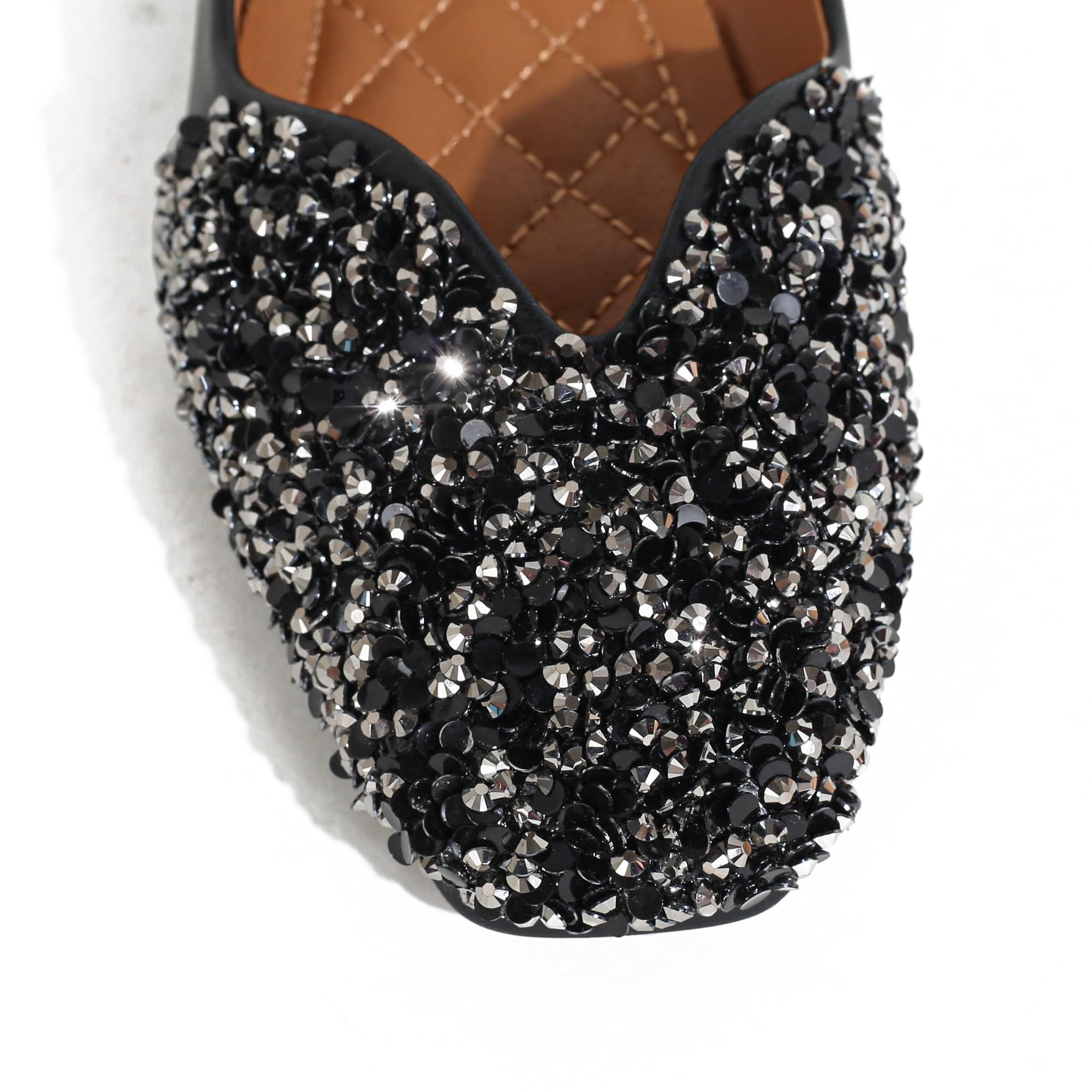Women's Rhinestone Square Toe Ballet Flats - Comfortable Slip On Low Heel Dress Shoes for Wedding, Party & Formal Occasions