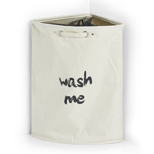 Corner Laundry Hamper with Wash Me Sign - Foldable Polyester Fabric Clothes Basket for Bedroom, Bathroom & Laundry Room Organization - Beige Storage Bin for Dirty Clothes