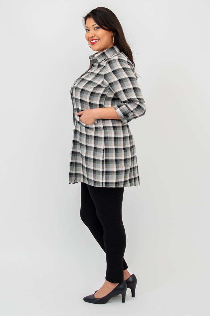 Larissa Tunic Top - Black Retro Plaid Cotton Flannel Shirt for Women | Vintage Style Fall Winter Fashion | Perfect for Casual Outfits, Office Wear & Holiday Parties