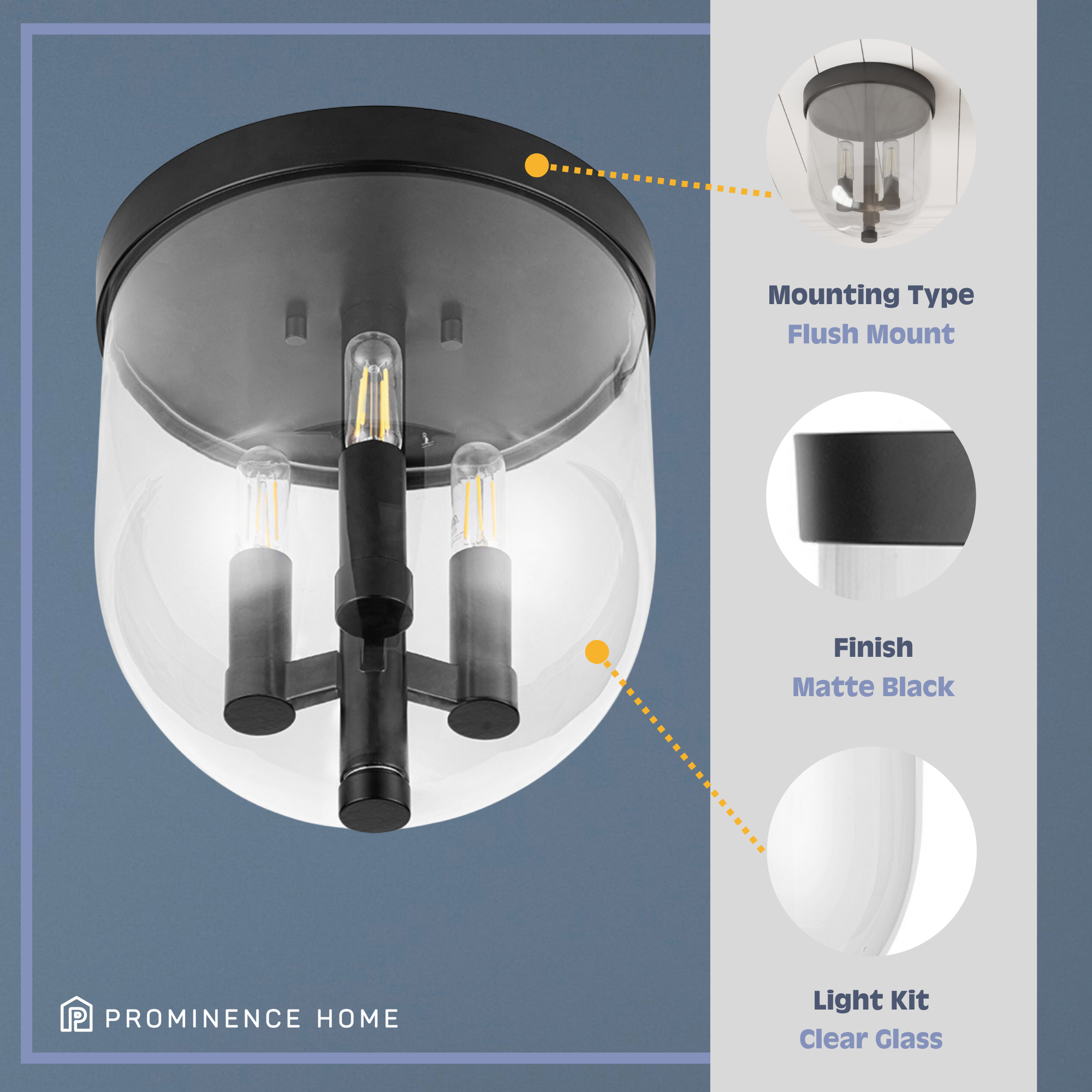 3-Light Hansley Flush Mount Ceiling Light Fixture - Matte Black with Clear Glass Shades - Perfect for Bedroom, Hallway, or Entryway Lighting