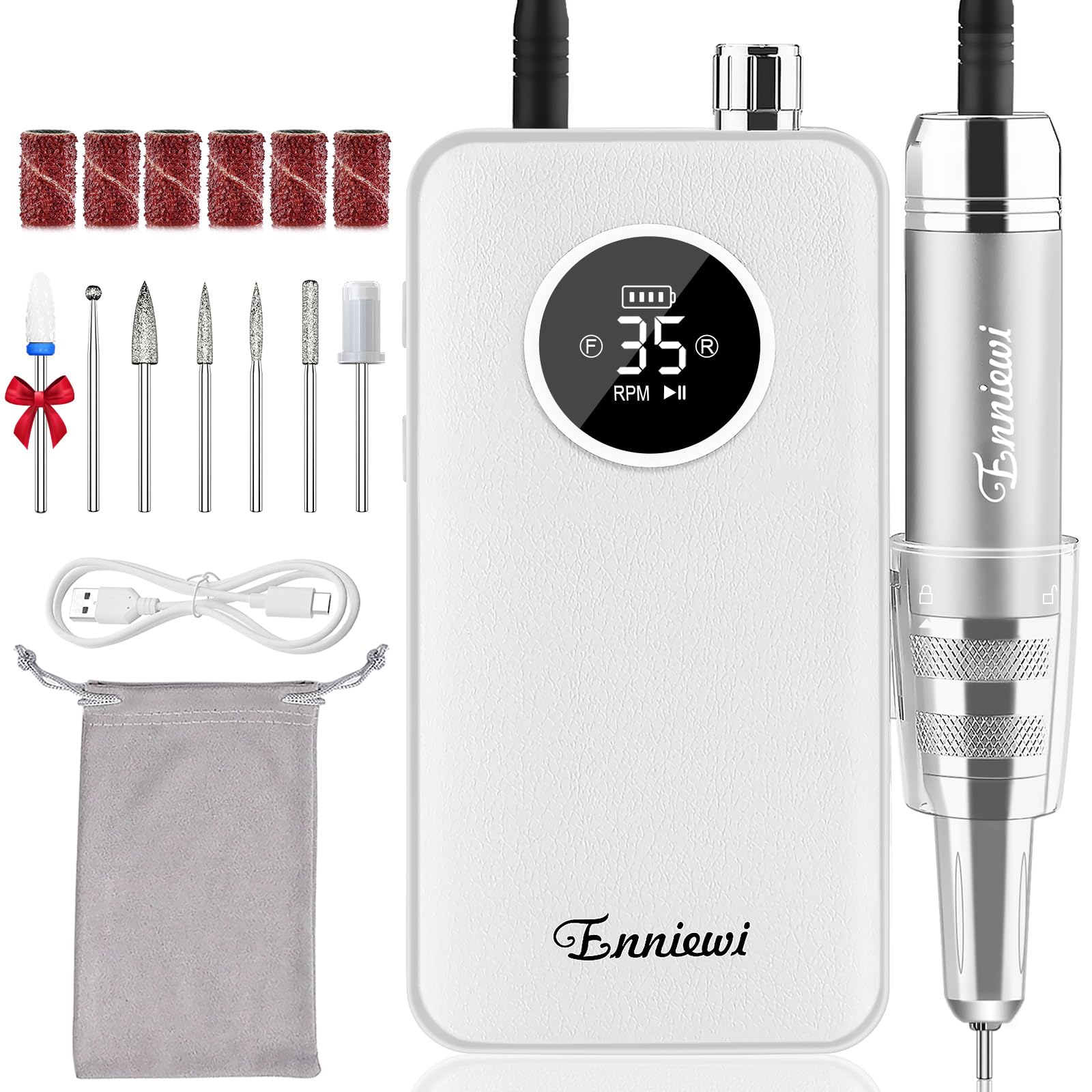 Professional Cordless Electric Nail Drill 35000 RPM - Rechargeable Manicure Pedicure Kit with 7 Bits for Acrylic Nails & Gel Removal | Portable Salon & Home Nail Care Tool (White) | Perfect for DIY Nail Art, Salon Treatments & At-Home Grooming