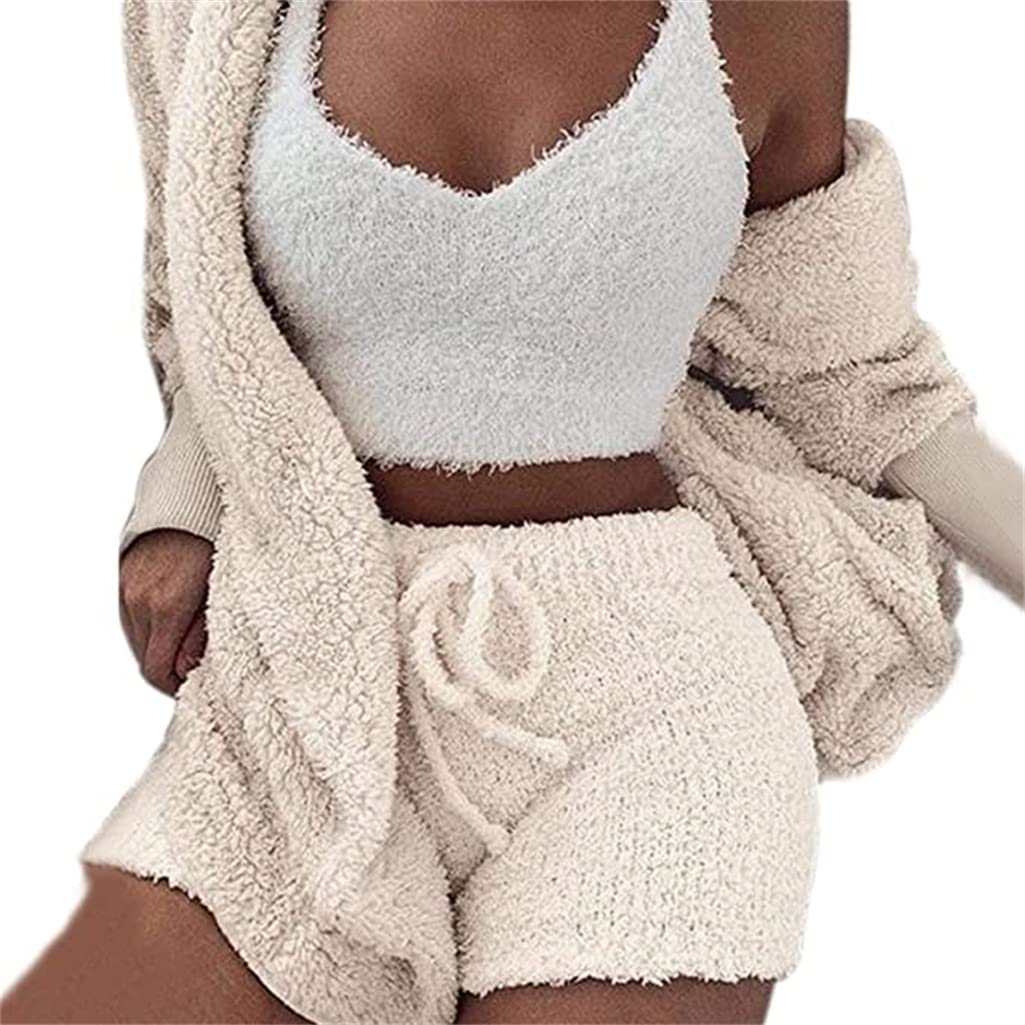 Melliflo Women's 3-Piece Fuzzy Fleece Pajama Set - Sherpa Lounge Outfit with Crop Top & Shorts | Cozy Winter Sleepwear & Loungewear for Home Relaxation