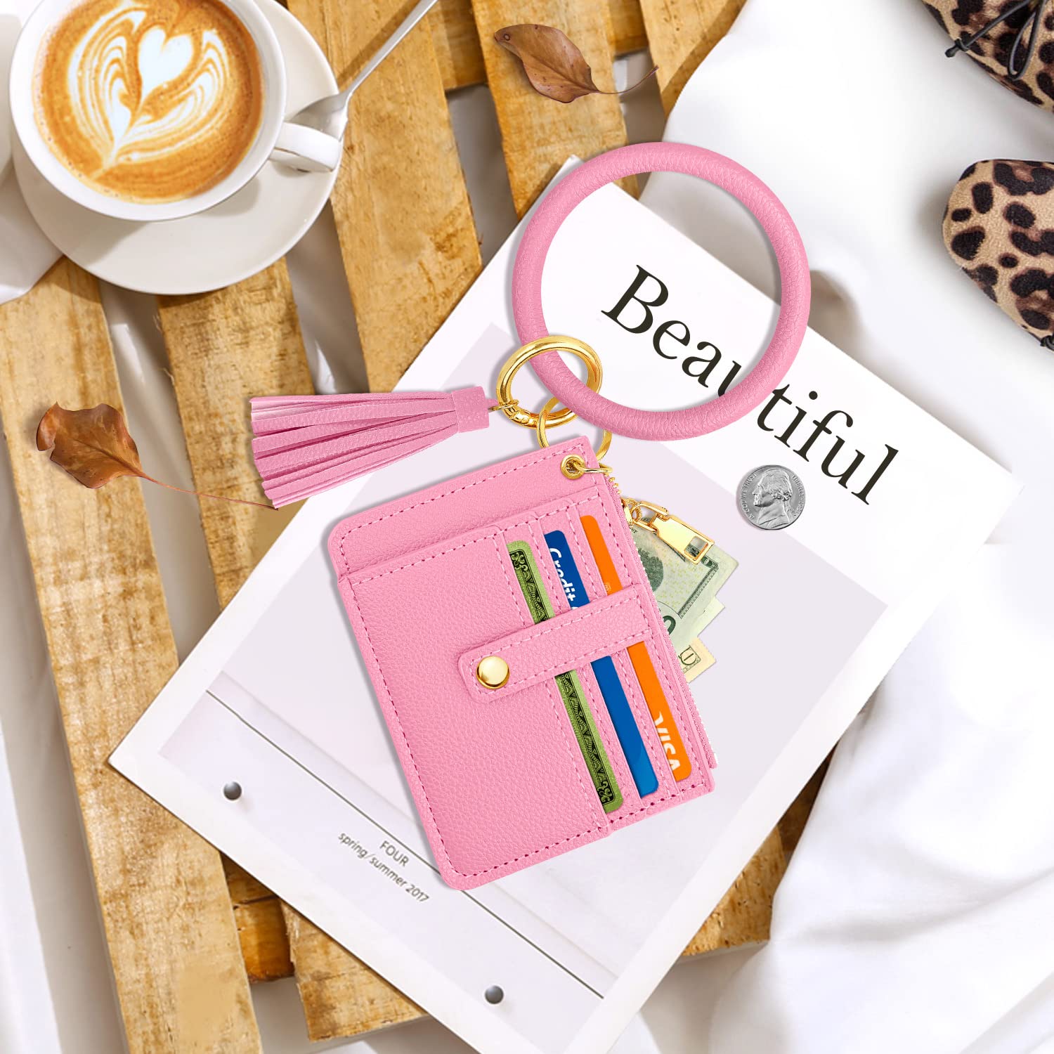 Leather Keychain Wallet with Circle Bangle - Wristlet Bracelet ID Card Holder for Women & Girls | Key Ring Chain Tassel Purse for Everyday Use, Travel & Shopping