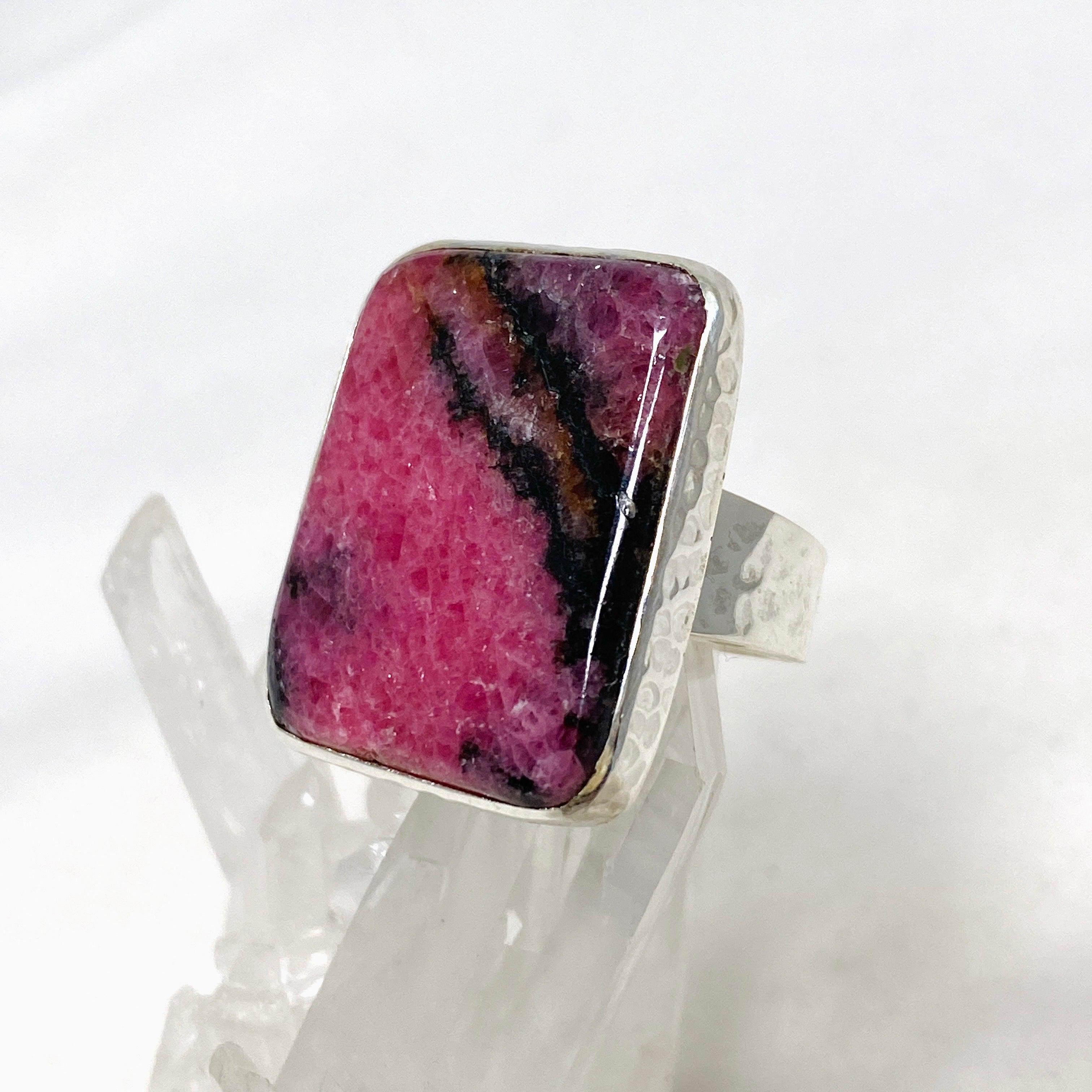 Rhodonite Rectangle Ring in Hammered Silver Setting - Size 9.5 (KRGJ3212) | Healing Stone Jewelry for Women, Meditation & Spiritual Gifts