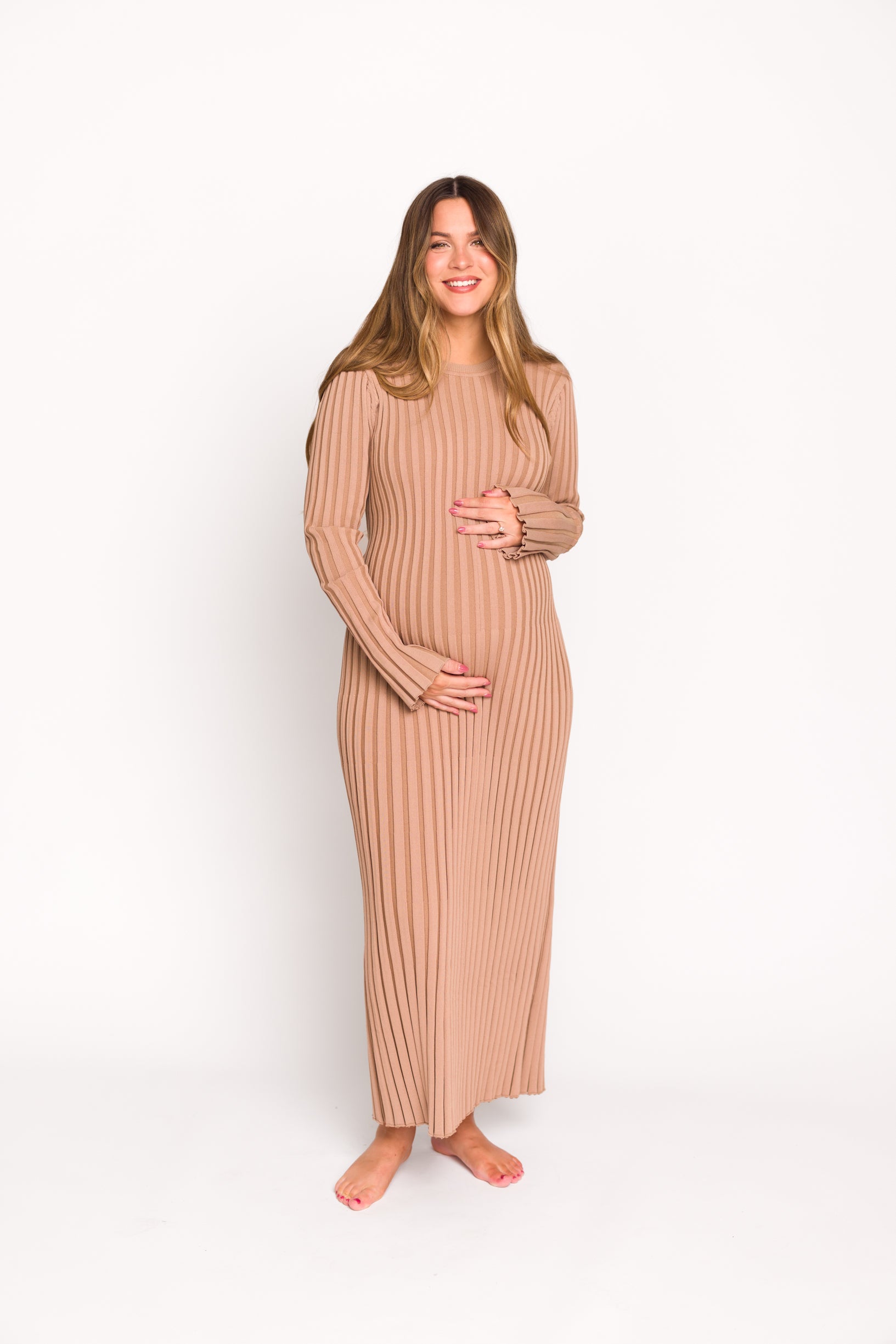 Colette Premium Long Sleeved Ribbed Knit Maxi Dress in Dark Natural - Bump Friendly Maternity Dress for Pregnancy, Nursing & Postpartum | Elegant & Comfortable for Work, Date Night & Special Occasions
