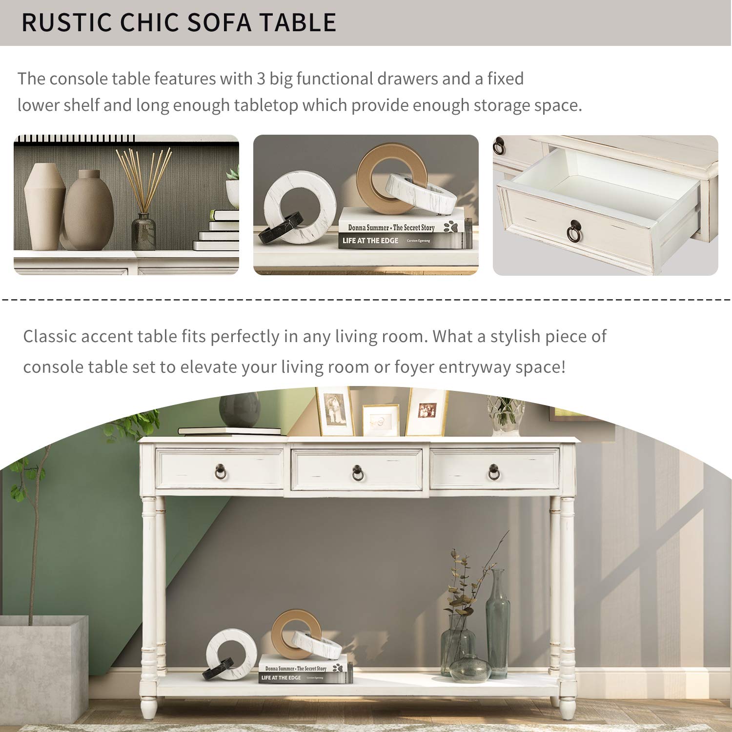 Rhomtree Wood Console Table with Storage Drawers & Bottom Shelf - Entryway Sofa Table, Long Sideboard for Living Room & Hallway - Antique White | Perfect for Small Space Organization & Home Decor
