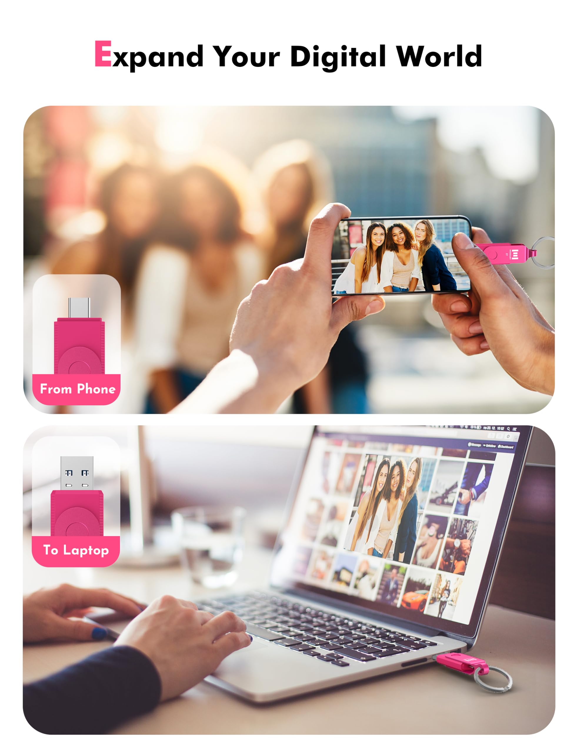 MOSDART 1TB USB 3.1 Flash Drive - High-Speed Dual C&A Interface Memory Stick with Keychain & LED Light - Compatible with iPhone 15/16, Android, iPad, MacBook - exFAT Format - Hot Pink - Perfect for Data Transfer, Backup & Portable Storage