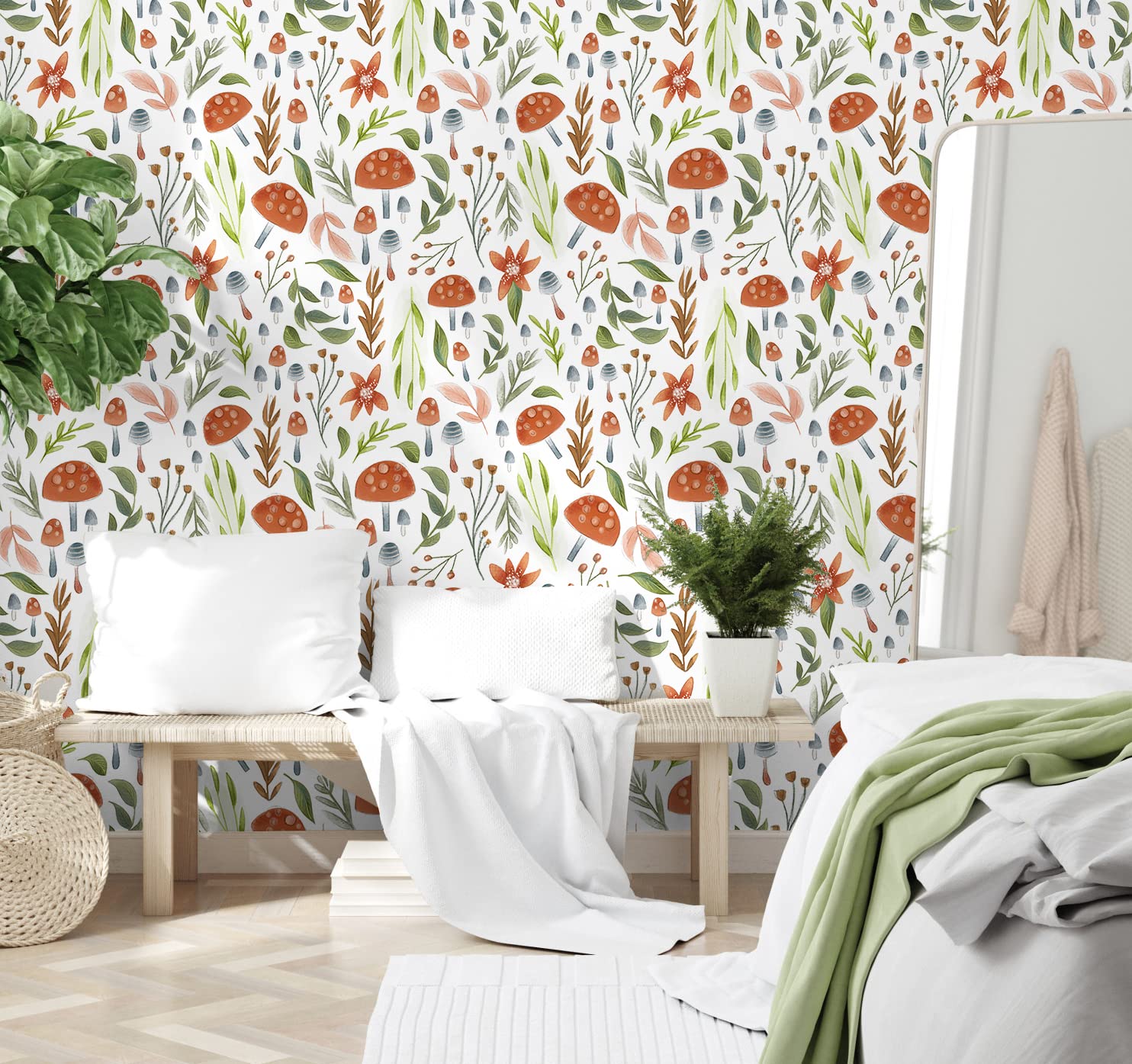 Boho Mushroom Peel and Stick Wallpaper - Removable Self-Adhesive Wallpaper for Bathroom, Bedroom, Kitchen & Nursery - Floral Contact Paper for Cabinets, Accent Walls & Home Decor - 17.7