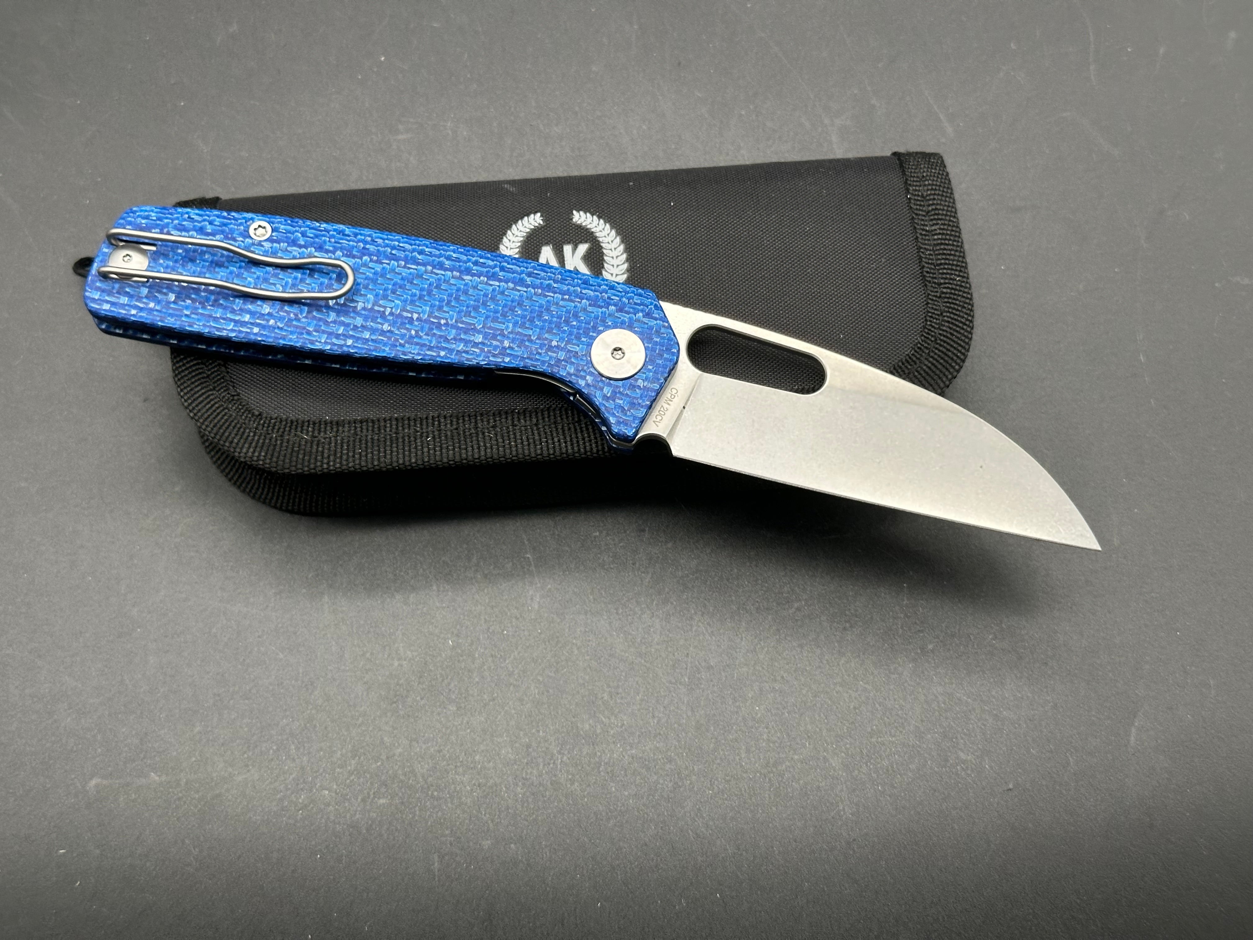 Asher Spiro 20CV Stonewash Folding Knife - Blue Carbon Fiber Handle - EDC Pocket Knife for Outdoor, Camping, Hiking & Everyday Carry