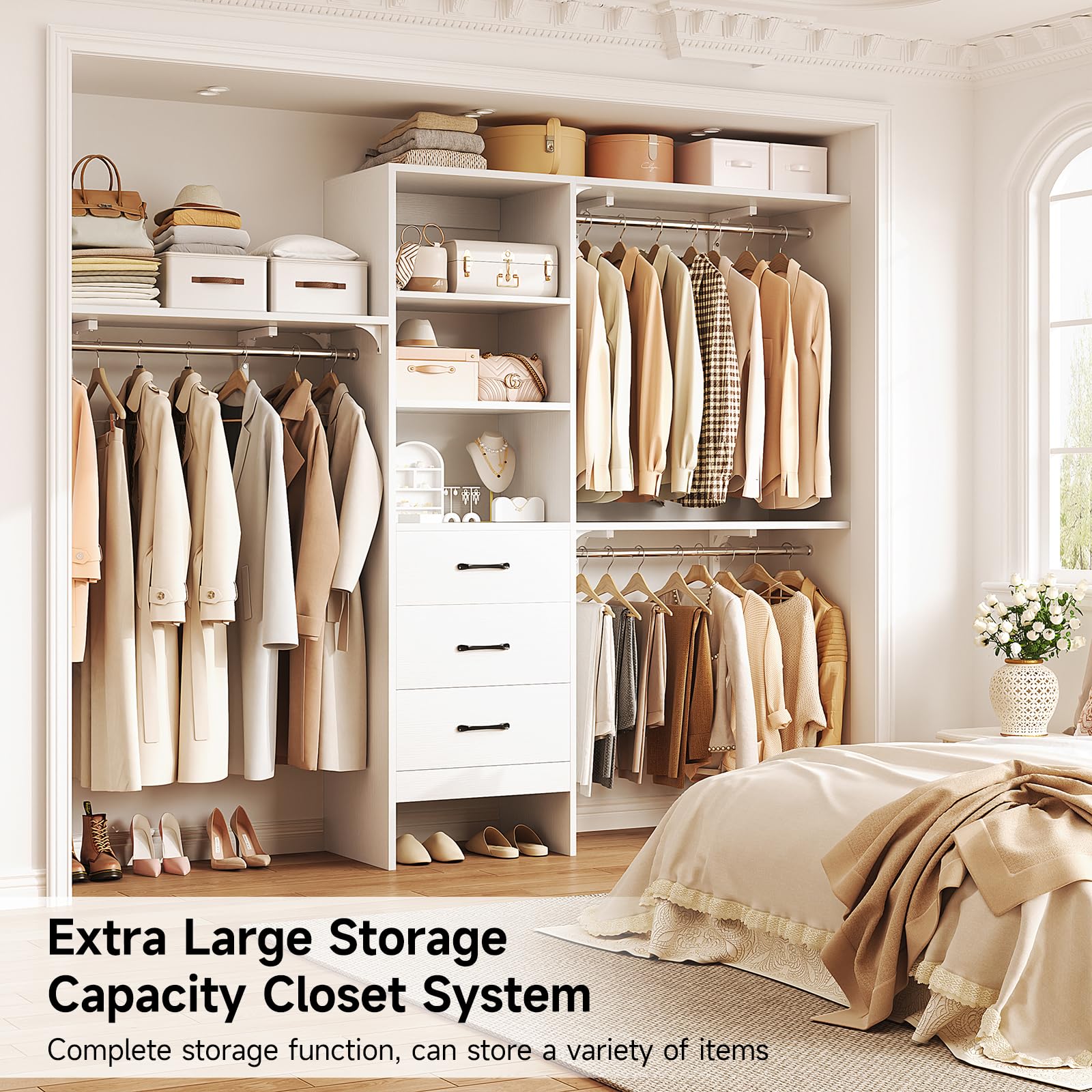 96 Inch Heavy Duty Walk-In Closet Organizer System - 8FT Closet Storage with 3 Adjustable Shelves, 3 Hanging Rods & 3 Drawers - Built-In Garment Rack (96