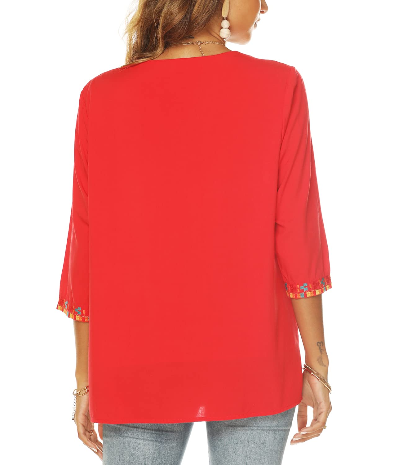 AK Embroidered Peasant Blouse for Women - 3/4 Sleeve Mexican Tunic Top with V-Neck | Traditional Embroidered Casual Shirt for Summer, Festival & Boho Style Outfits