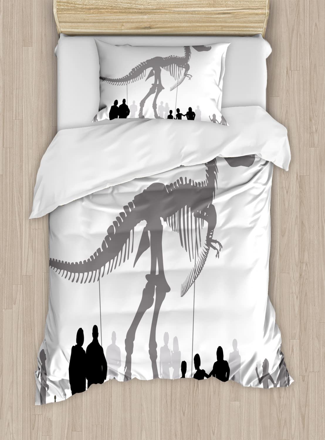 Ambesonne Dinosaur Duvet Cover Set - King Size 2-Pack with 2 Duvet Covers & 4 Pillowcases, Dinosaur Museum Theme Featuring Tyrannosaurus Rex Skeleton Silhouette in Dimgrey Black White - Perfect for Kids' Bedroom, Dinosaur Lovers, and Themed Home Decor