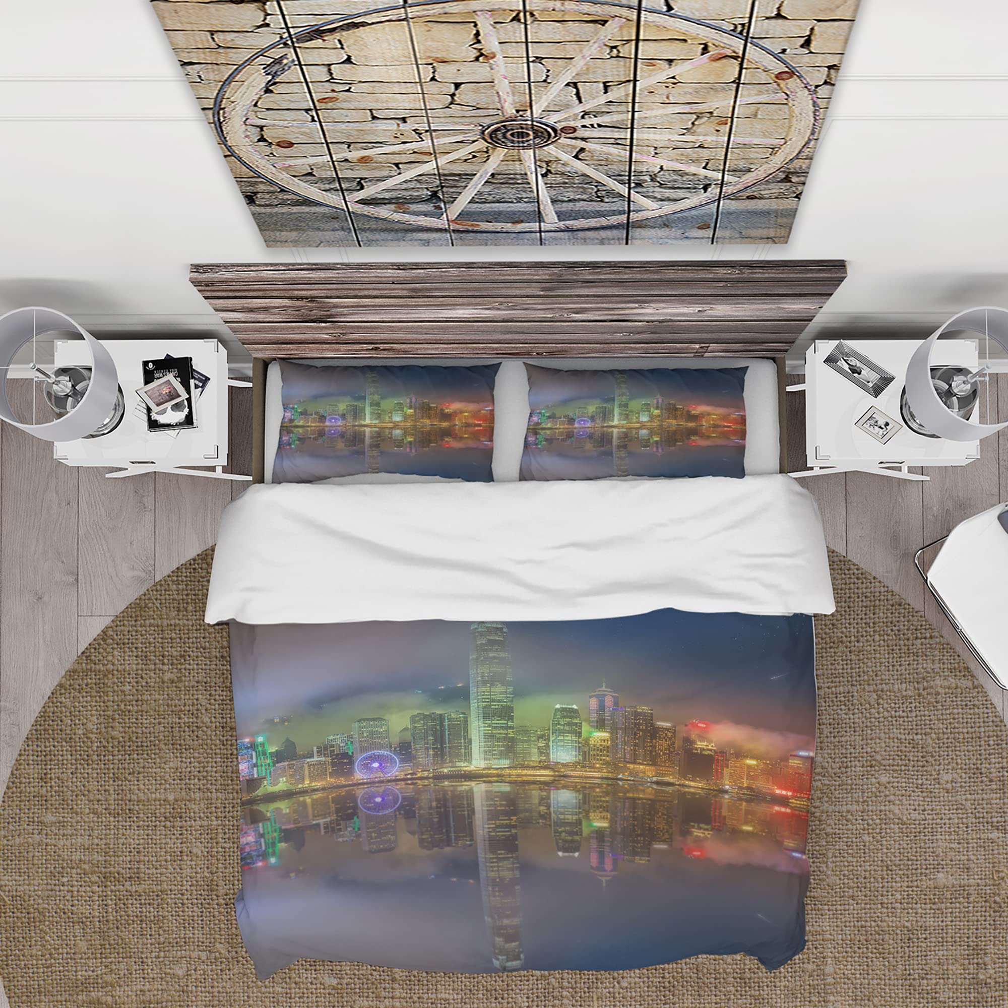 DesignQ Hong Kong Panoramic View Industrial Duvet Cover Set - King Size Green Beach Bedding 3-Piece Set | All Season Comfort for Modern Bedrooms & Coastal Home Decor