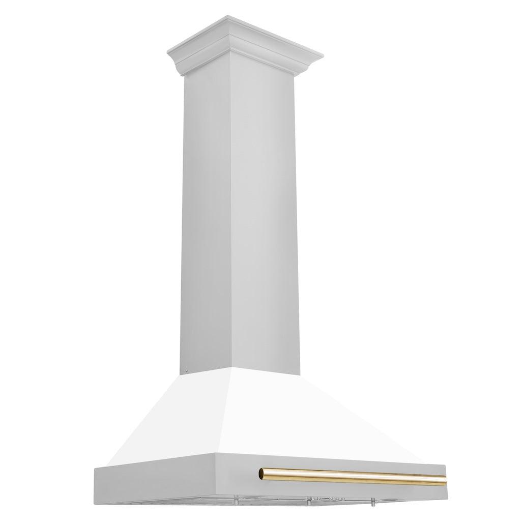 ZLINE KB4STZ WM G Autograph Edition Convertible Stainless Steel Range Hood - White Matte Shell with Polished Gold Accents - Professional Kitchen Ventilation for Modern Homes