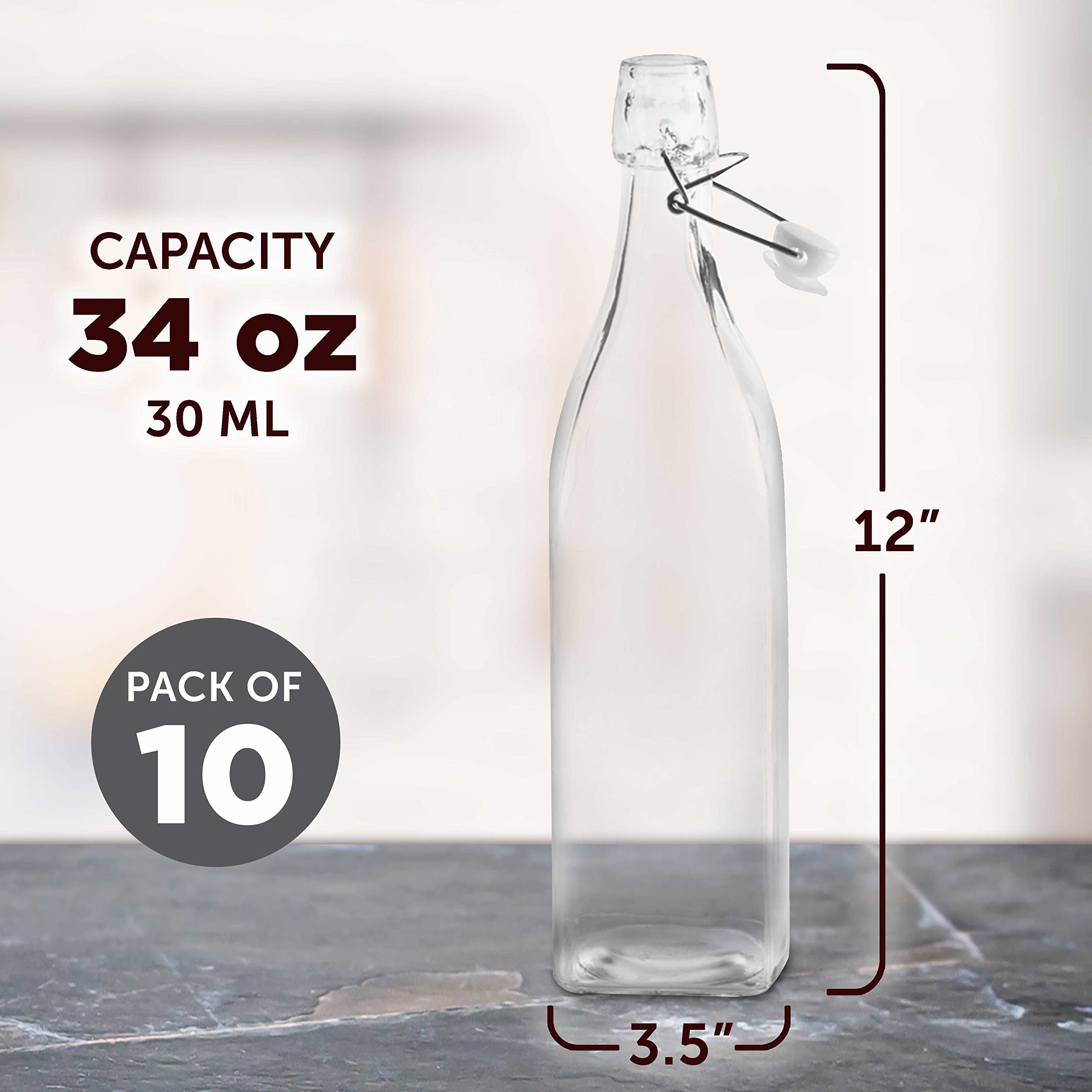 34 oz Square Glass Water Carafe Bottles with Wire Lids - Set of 10 Bulk Pack for Juices, Smoothies, Milk & Condiments - Clear Glass Pitchers for Restaurants, Cafes, Catering & Home Use